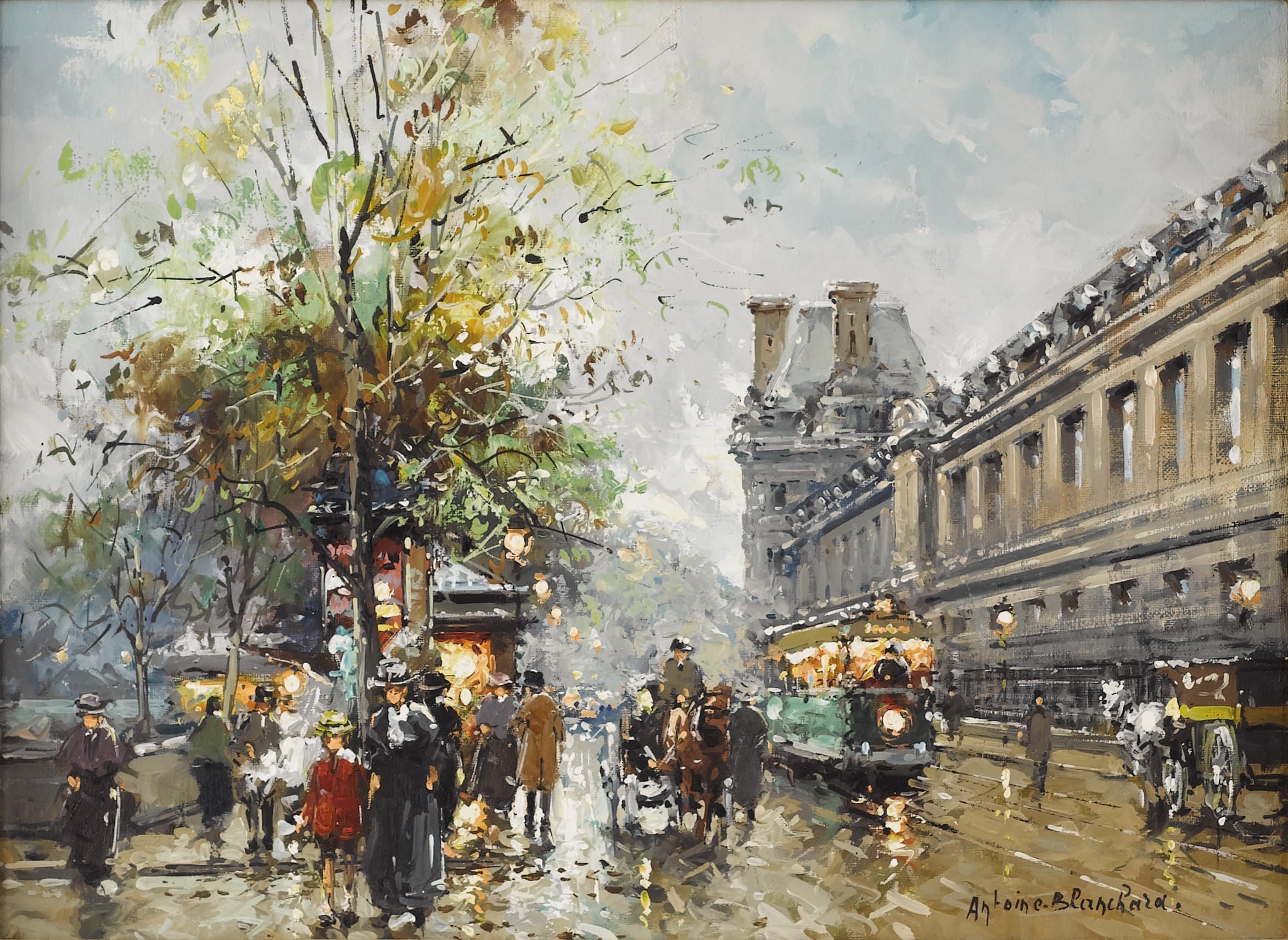 社会风俗场景主题 - 未知名街景画作 - 描绘旧时街头热闹景象 