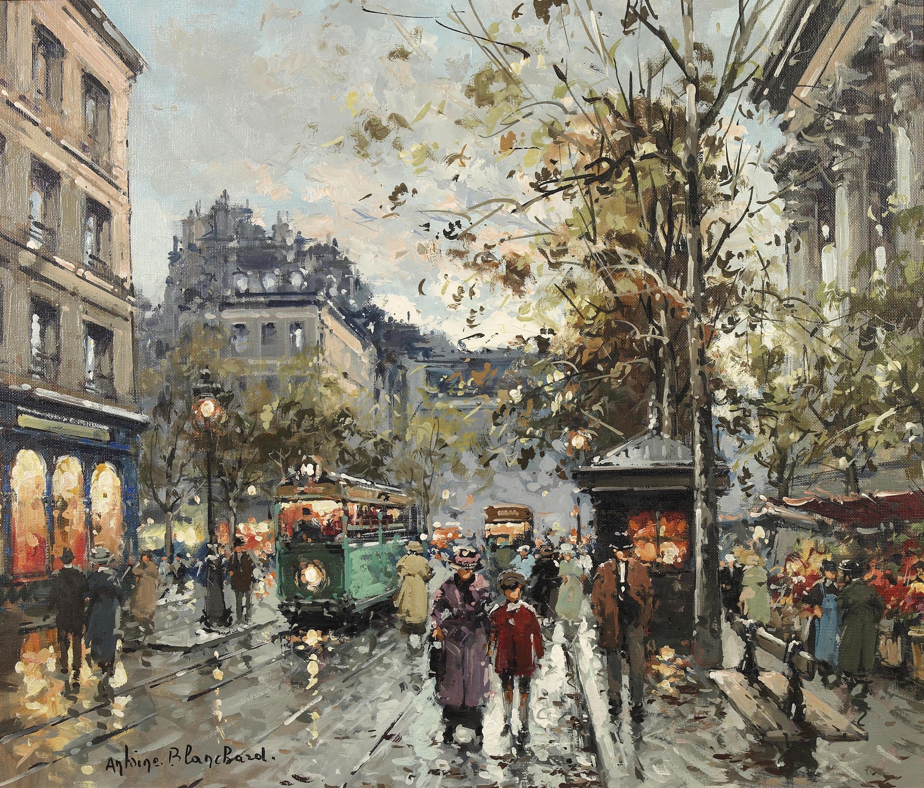 社会风俗场景主题 - 街头电车与人流景象 - 描绘街头繁华生活场景 