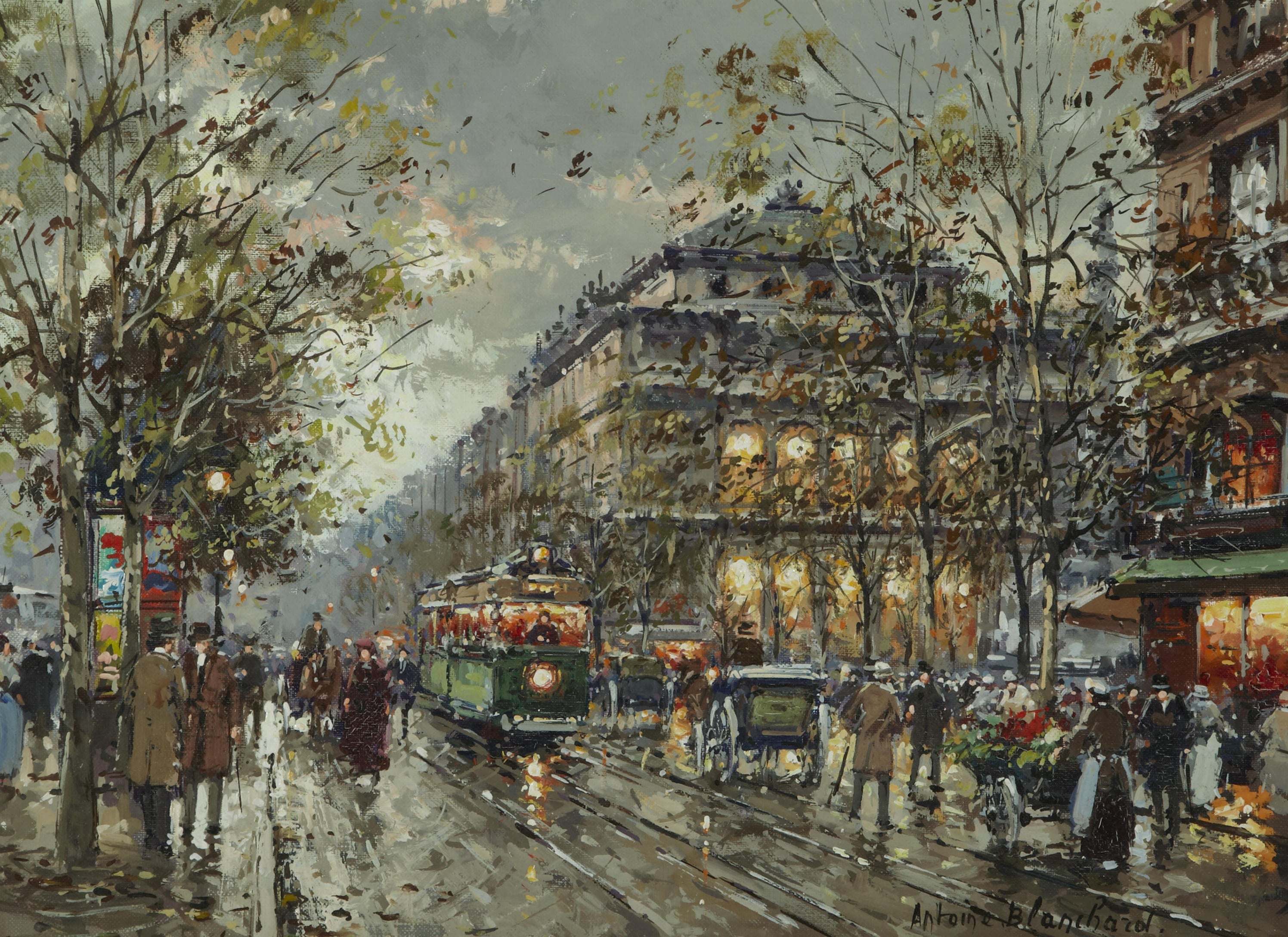 社会风俗场景主题 - 街头电车与行人景象 - 展现街头电车行人的画面 