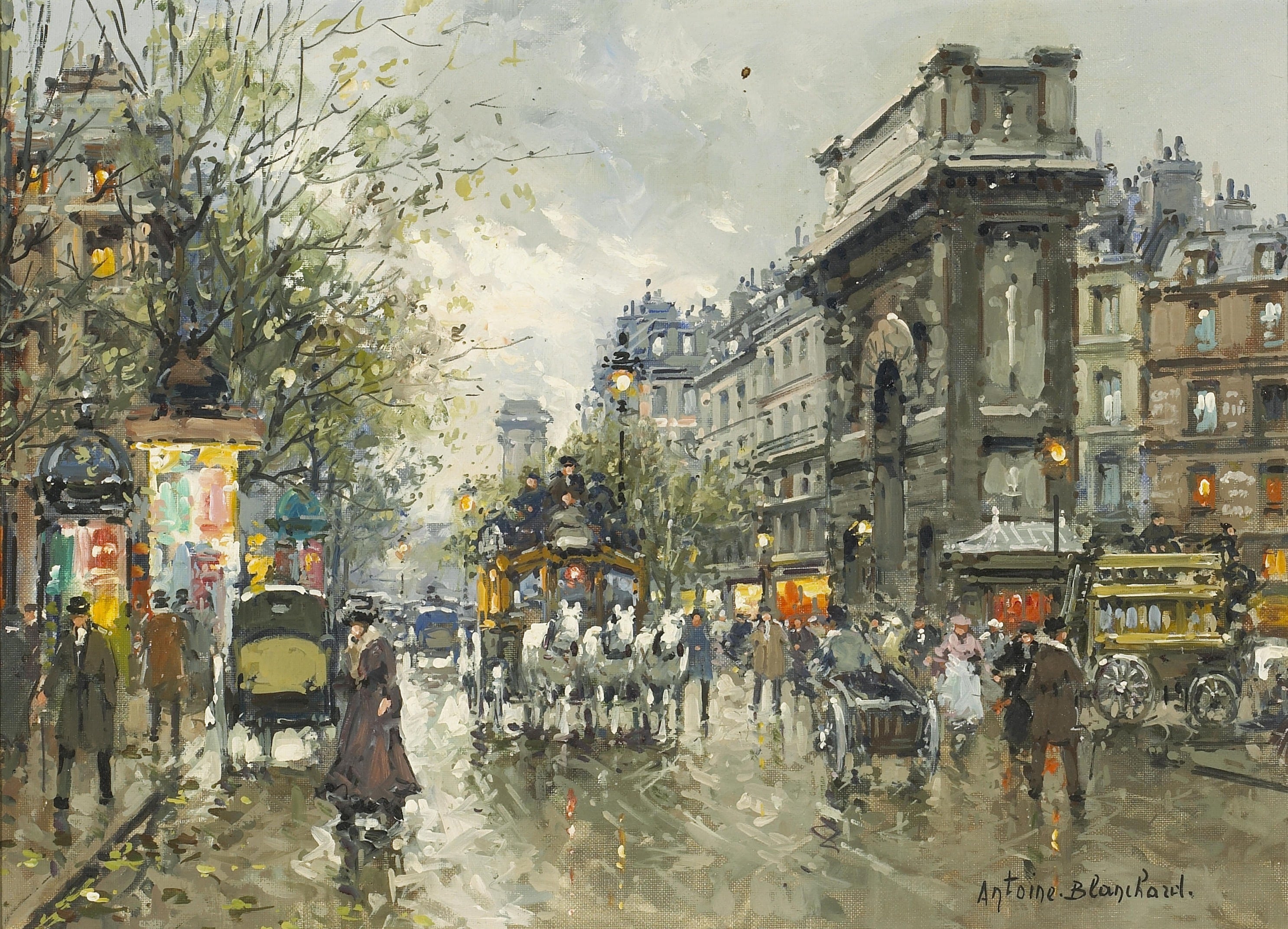 社会风俗场景主题 - 巴黎街头马车景象 - 展现巴黎街头热闹情景 