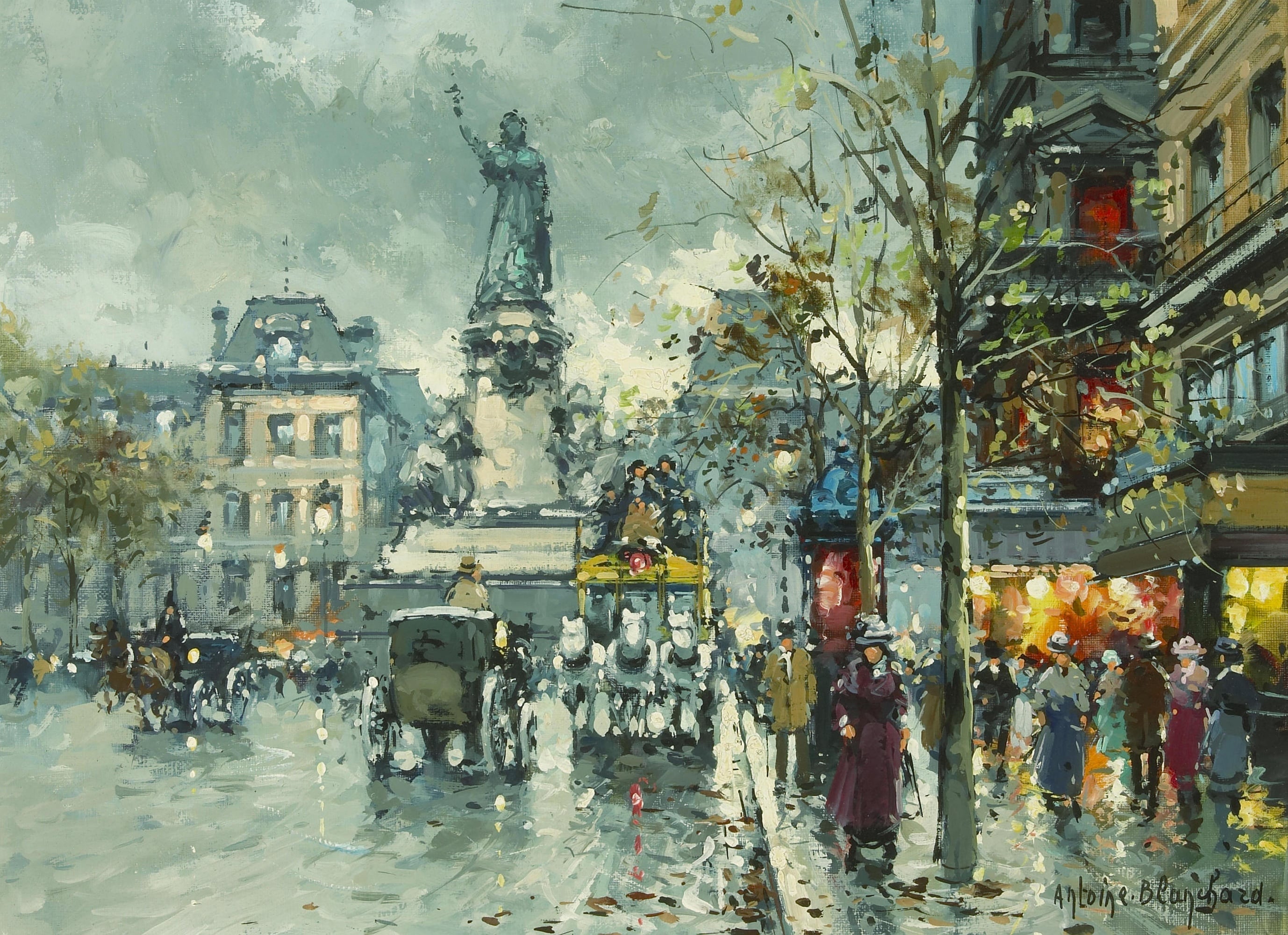 社会风俗场景主题 - 未知名城市街景画 - 展现旧时城市街道景象 