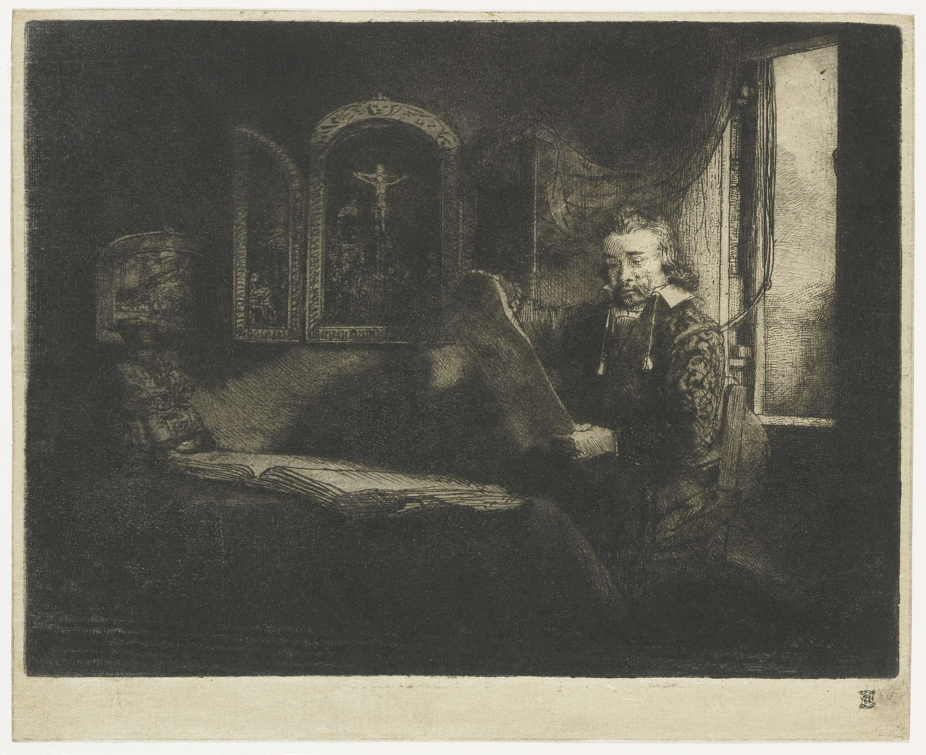 光影明暗对比主题 - 窗边男子与宗教物 - 明暗间男子专注看物 