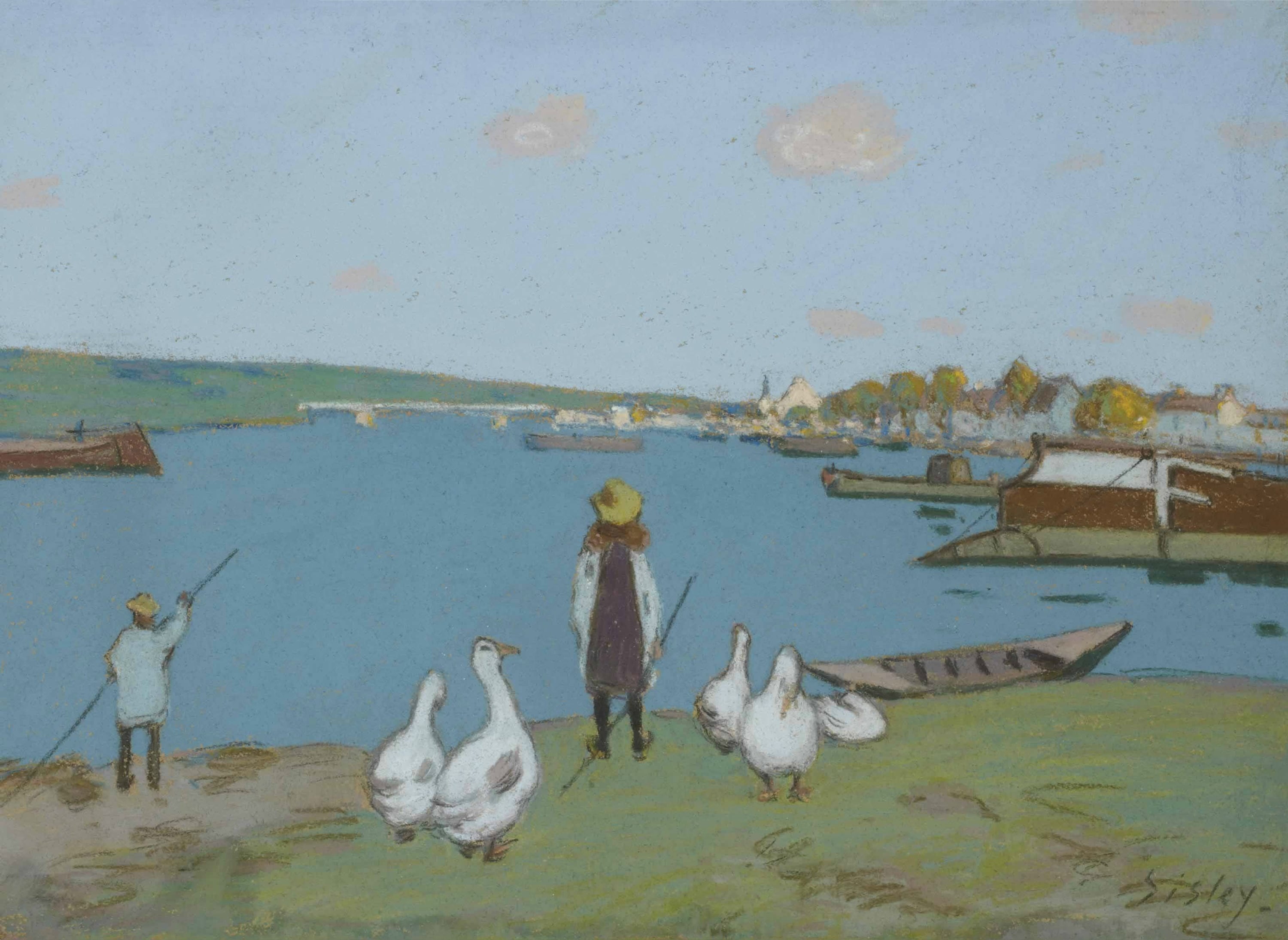 乡村生活场景主题 - 河边人与鹅的景致 - 乡村河边人鹅共处画面 