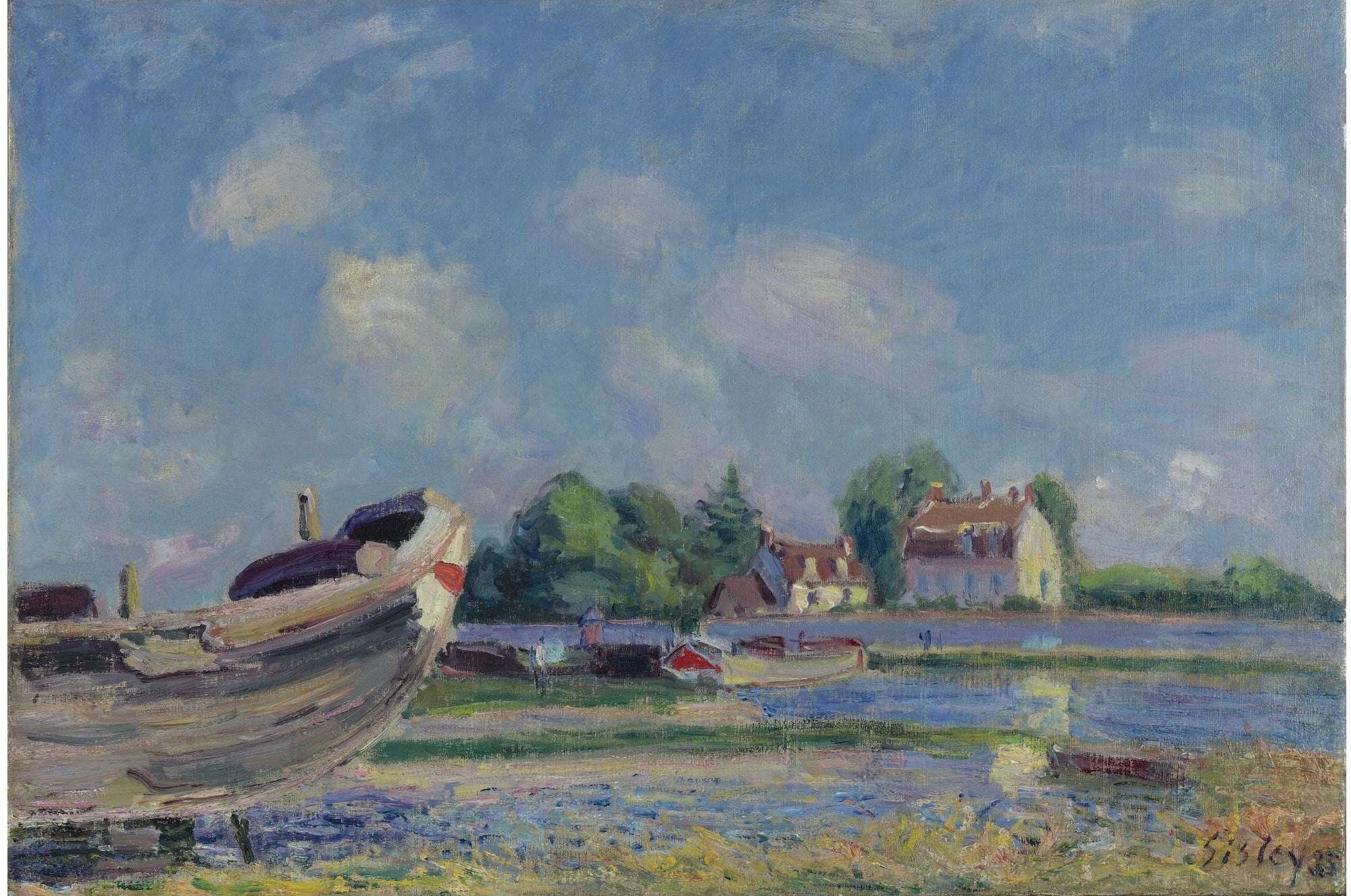 河流湖泊景致主题 - 未知名画作 - 河畔船只与远处屋舍 