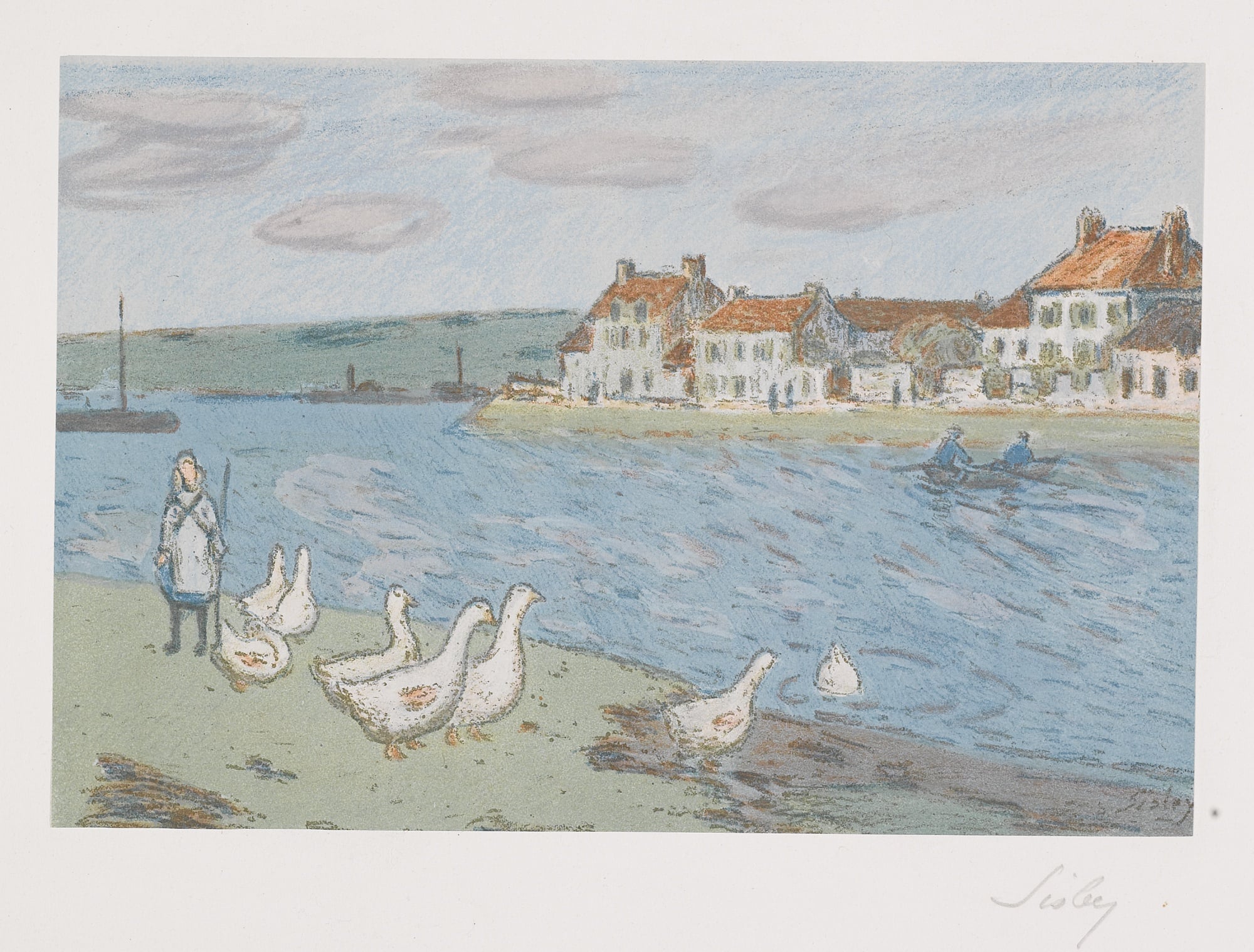 乡村生活场景主题 - 河边村庄与鹅群景致 - 河岸村庄旁的鹅群画面 