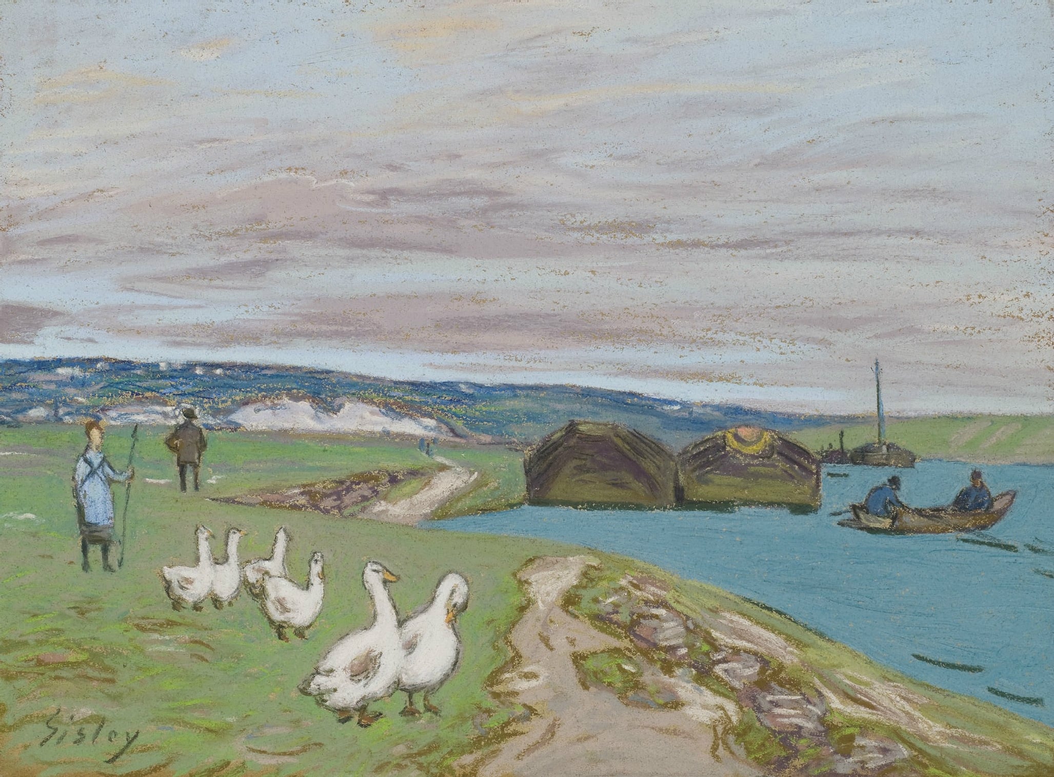 乡村生活场景主题 - 河边牧鹅乡村景致 - 乡村河畔牧鹅生活图景 