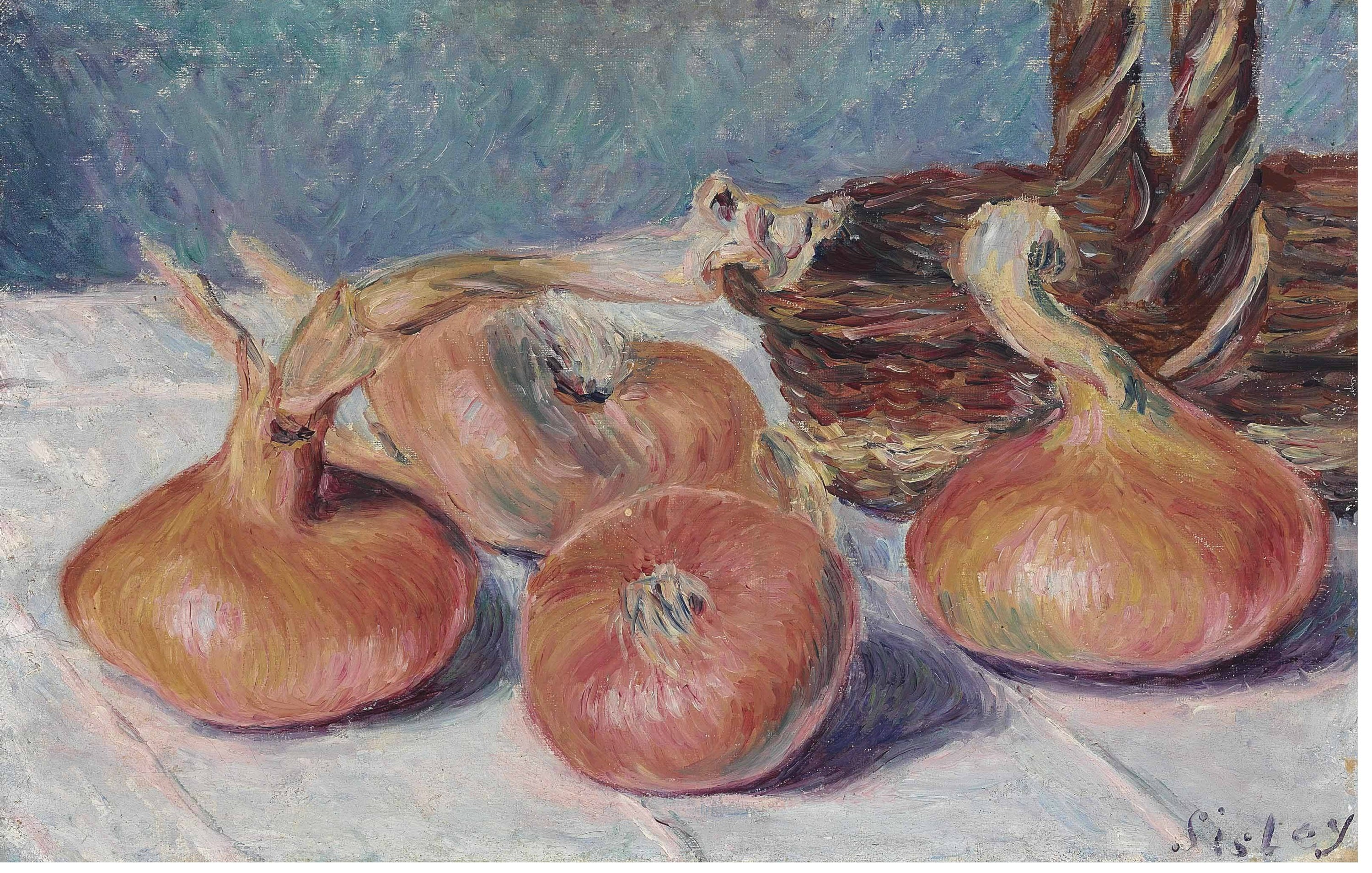 其他 - 洋葱静物画 - 洋葱与篮的静物呈现 