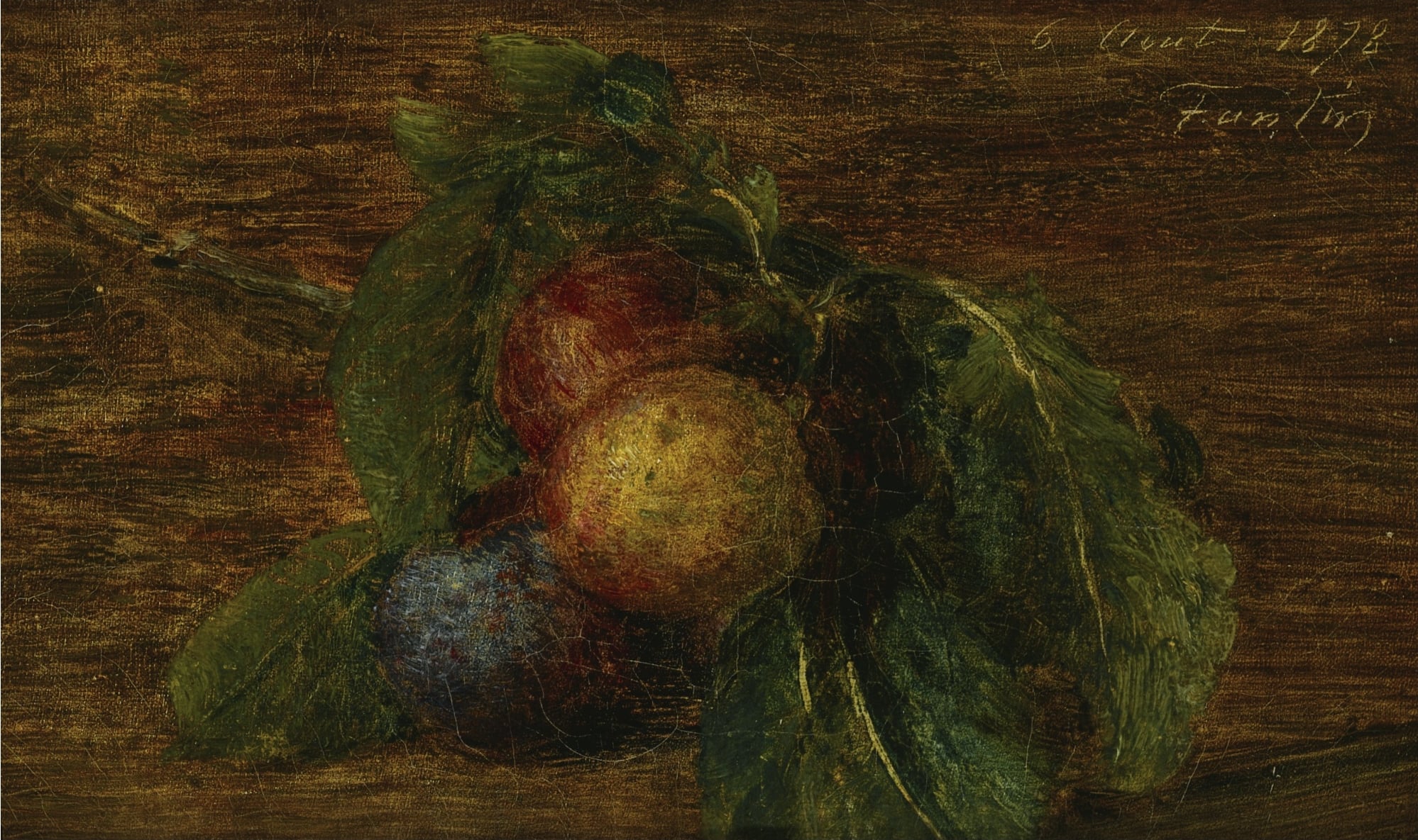 静物花卉描绘主题 - 未命名水果画作 - 画中展现水果与绿叶 