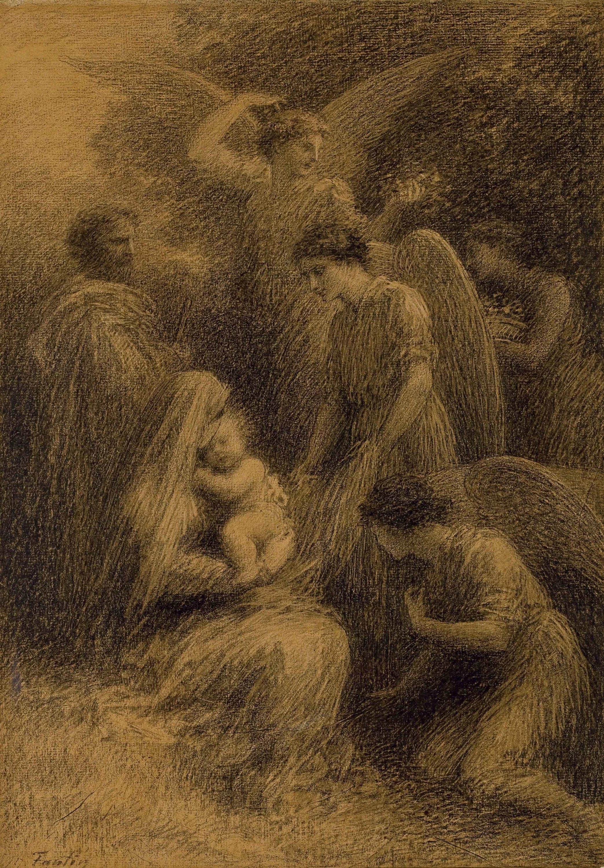 人物肖像绘制主题 - 未知名宗教题材画作 - 描绘宗教人物与天使场景 