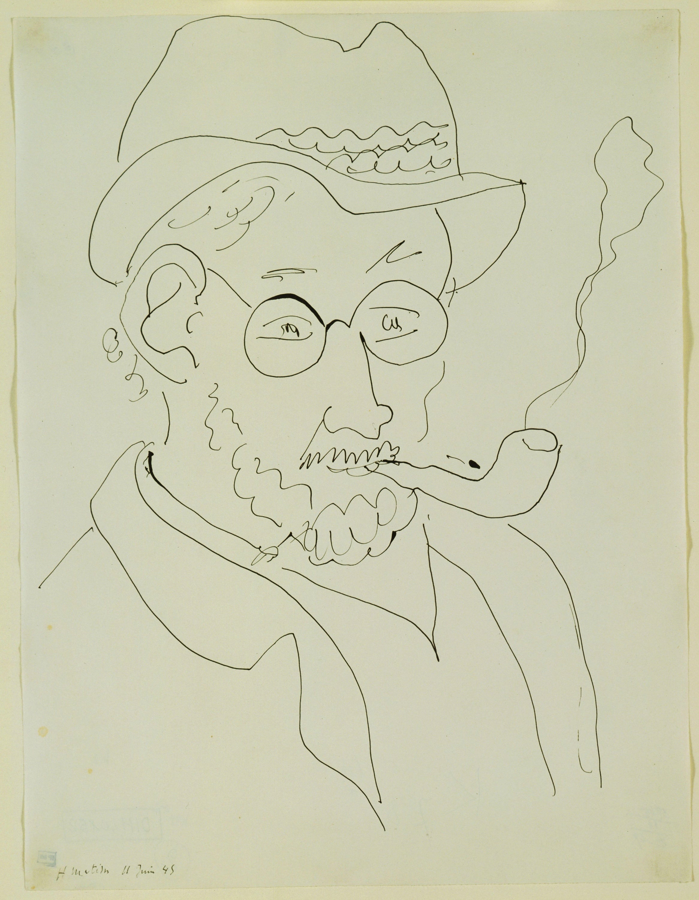 现代艺术风格主题 - 抽烟男子线描肖像 - 简洁线条勾勒男子形象 