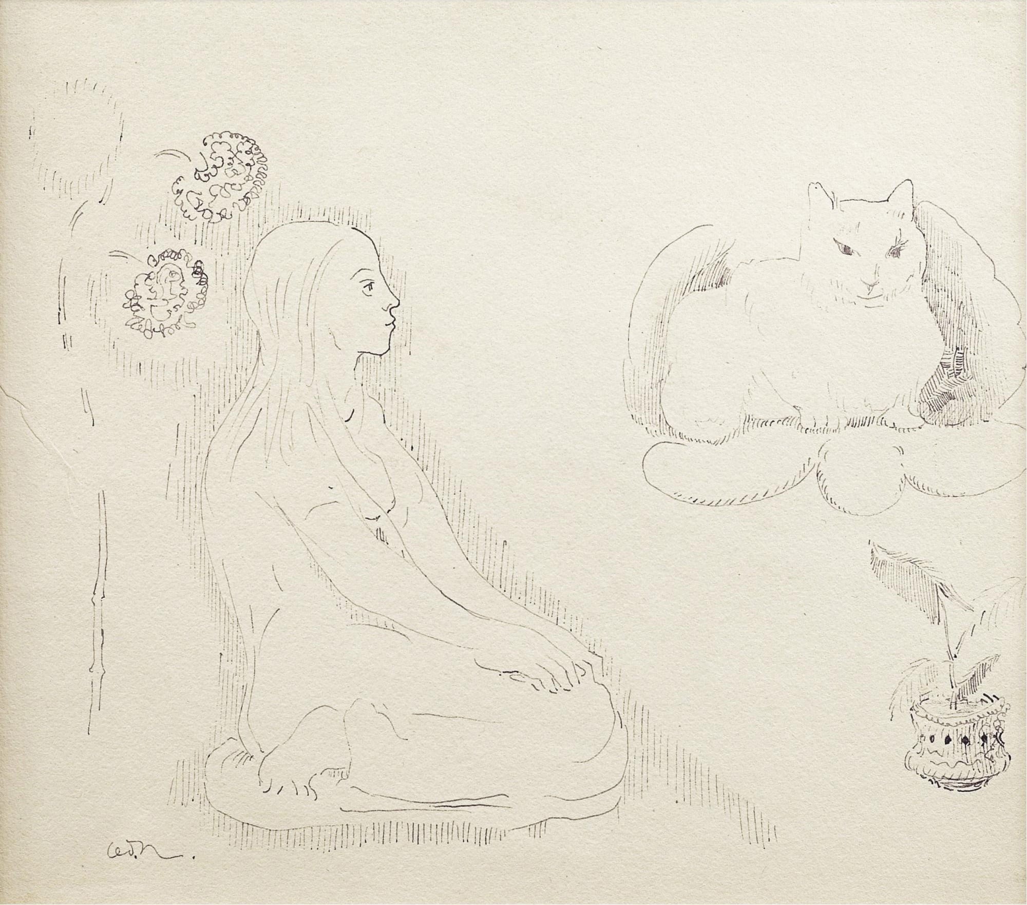 其他 - 无题 - 女子与猫的简洁素描 