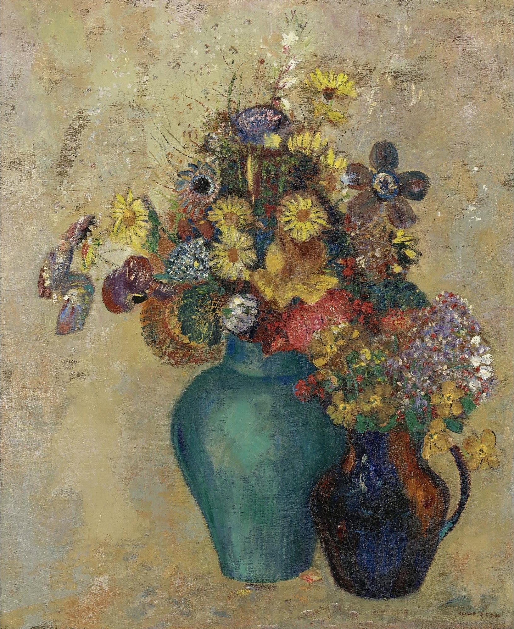 花卉静物描绘主题 - 花瓶中的花卉 - 多彩花卉盛于双花瓶 