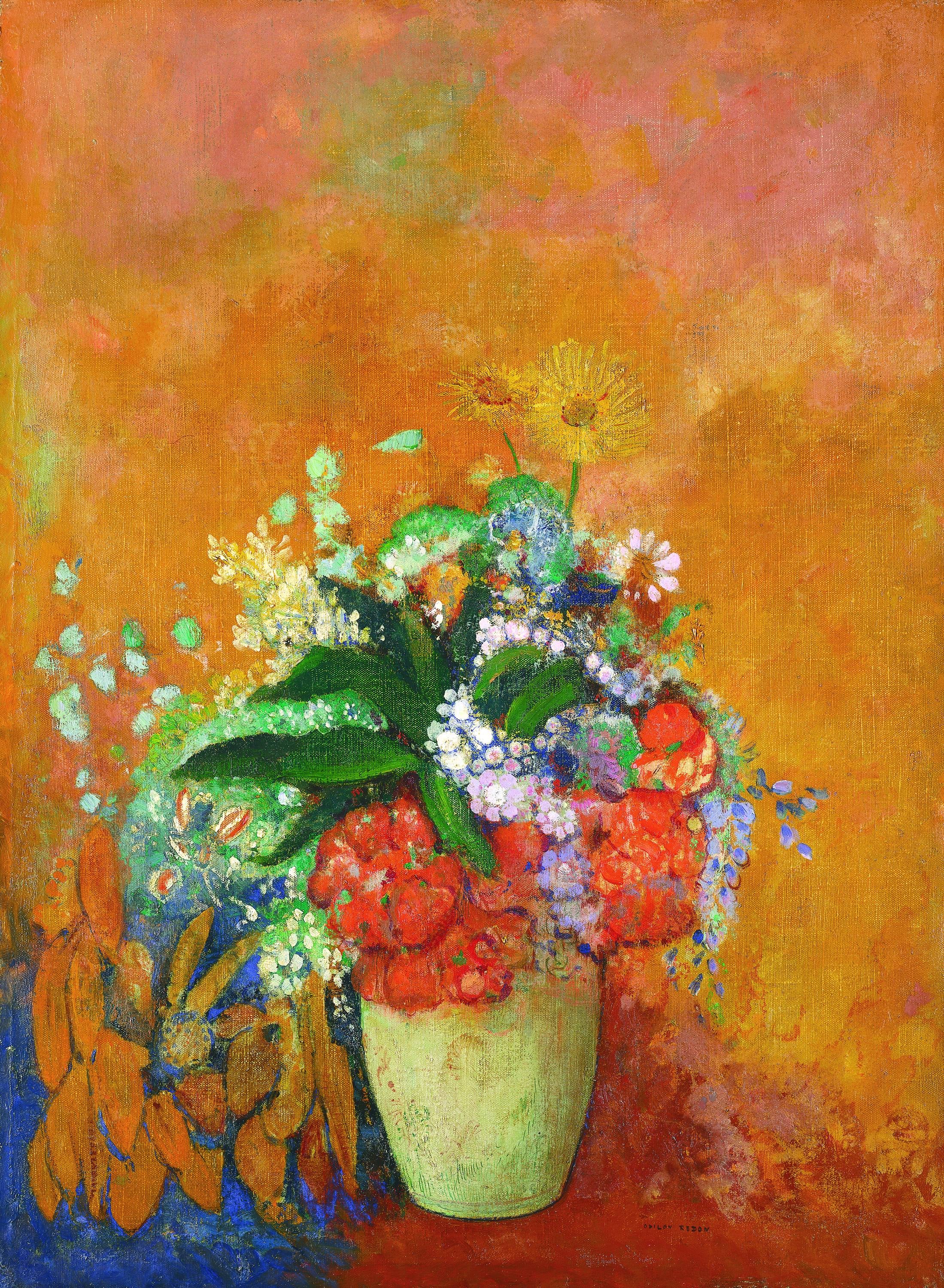 花卉静物描绘主题 - 花瓶中的多彩花卉 - 多彩花卉装点素雅花瓶 