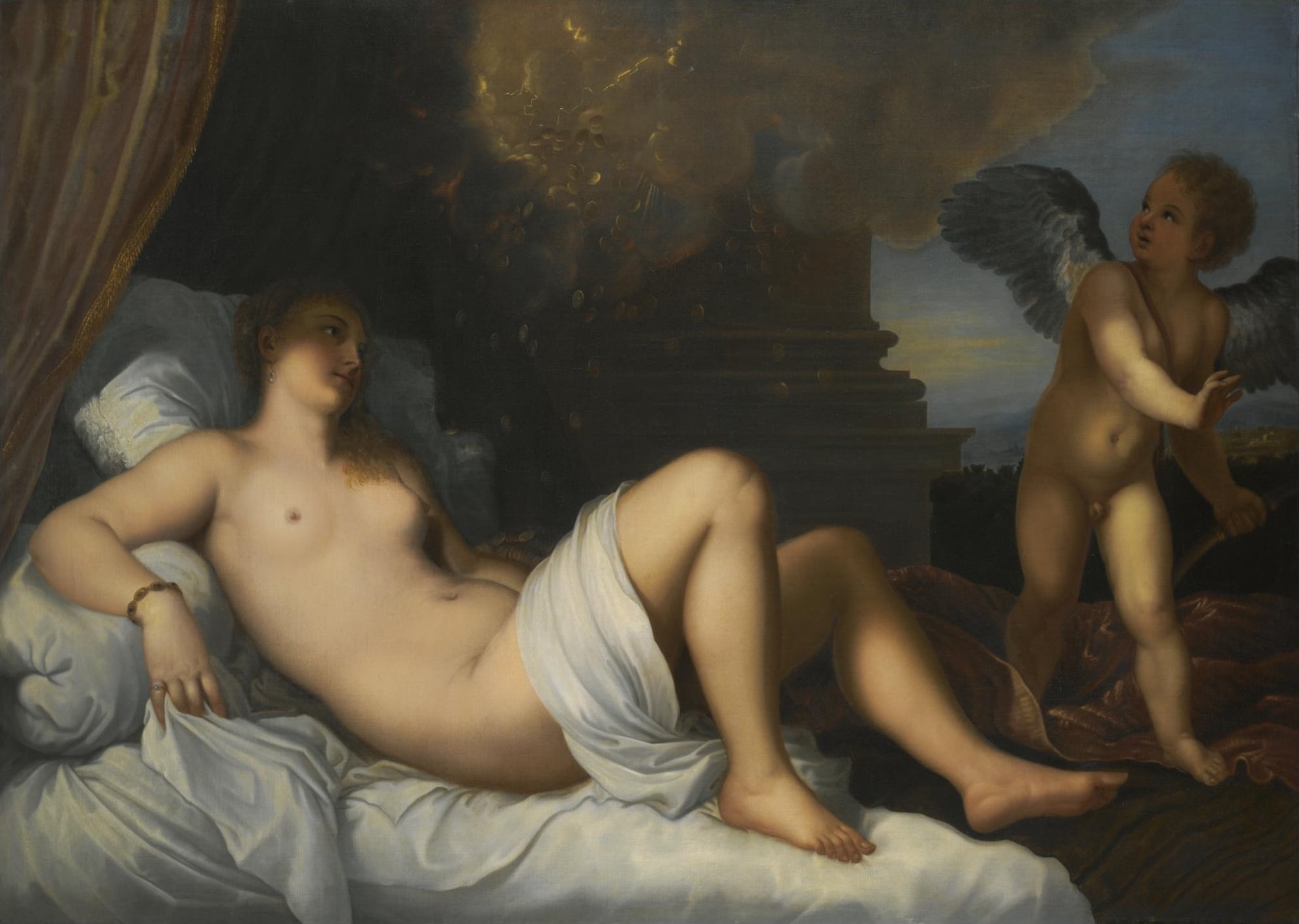 宗教神话场景主题 - 未知名神话画作 - 裸身女子与小天使画面