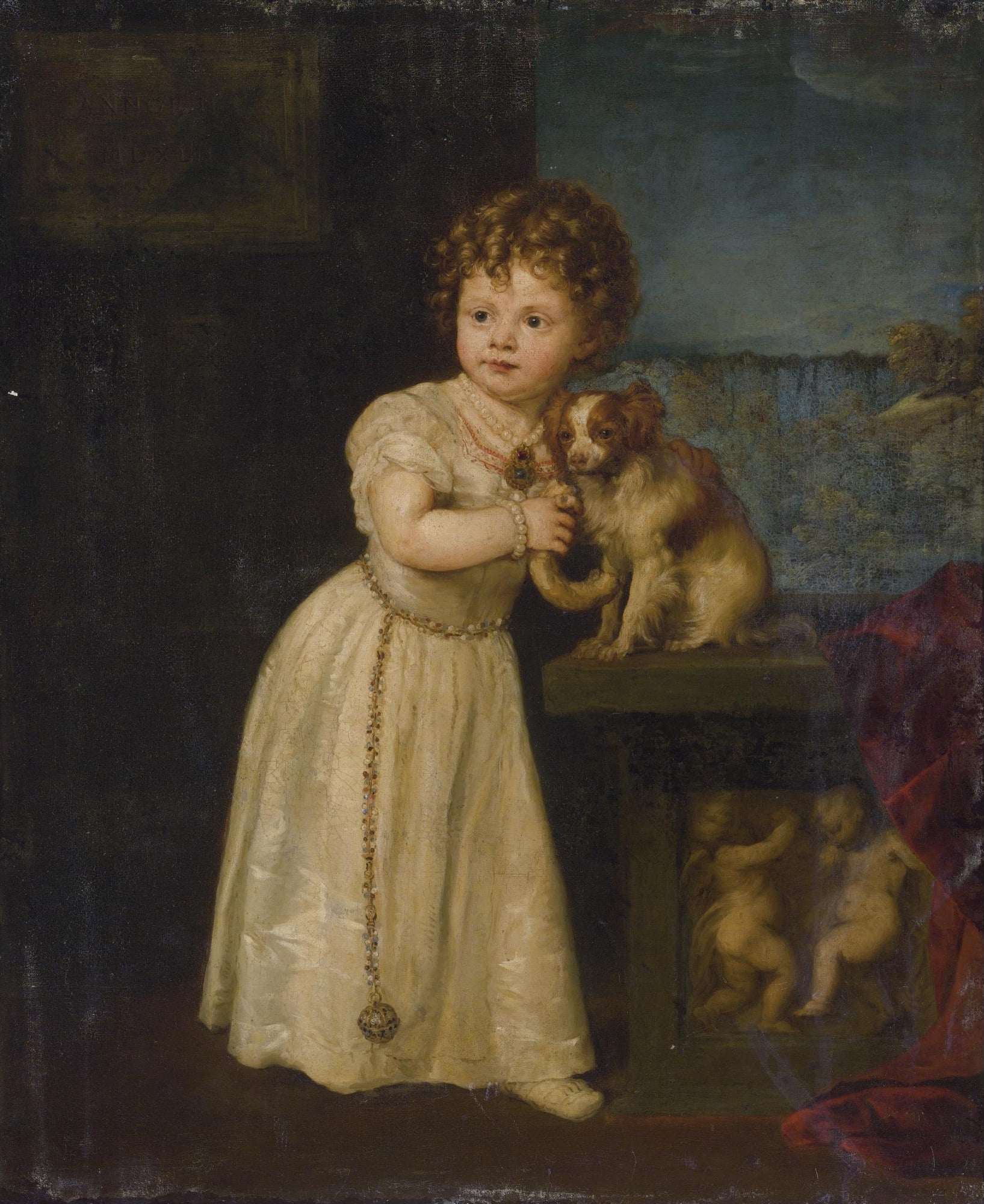 人物肖像刻画主题 - 未知 - 孩童与犬亲昵姿态肖像 