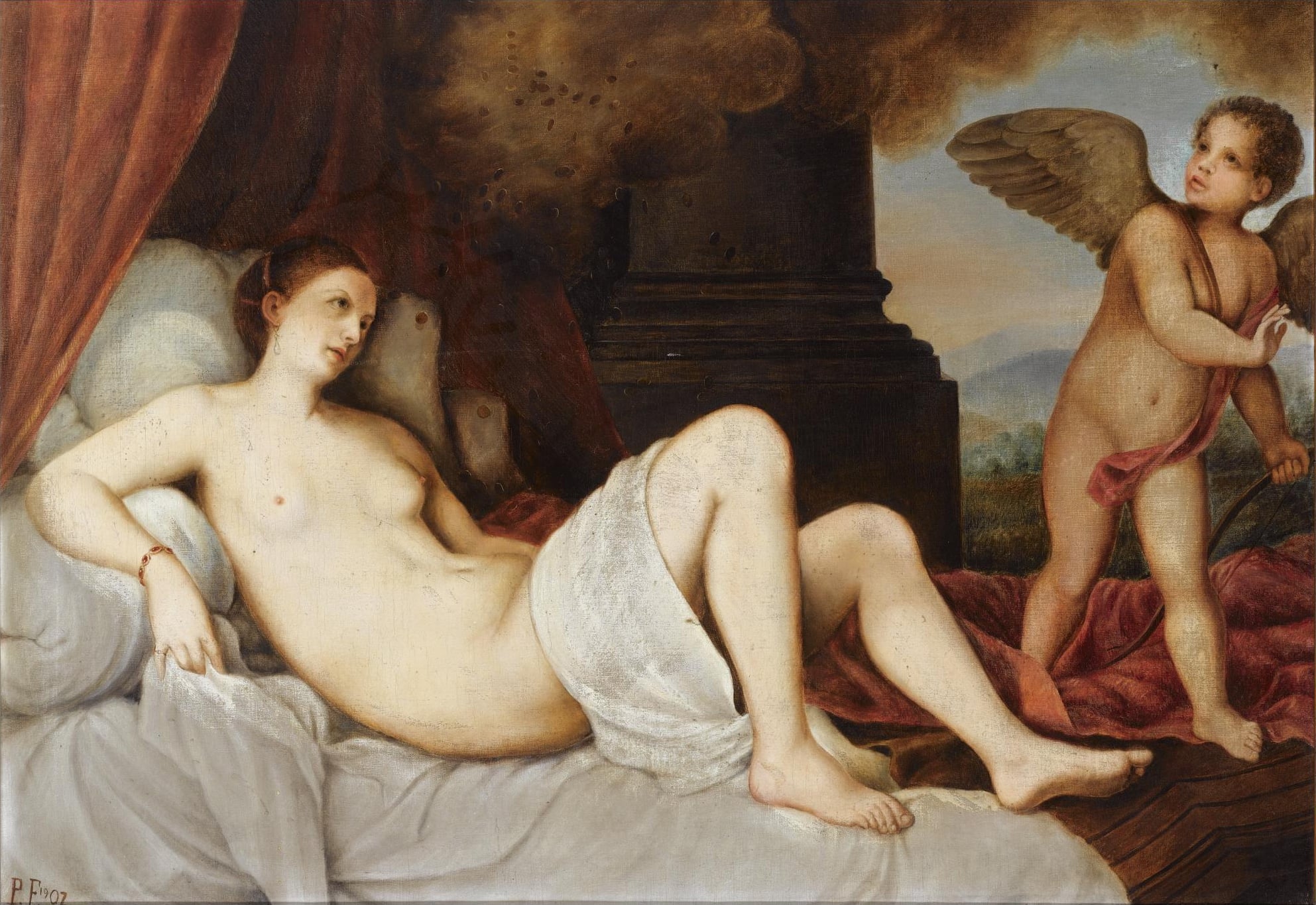 宗教神话场景主题 - 未知名神话画作 - 裸身女子与小天使同框 