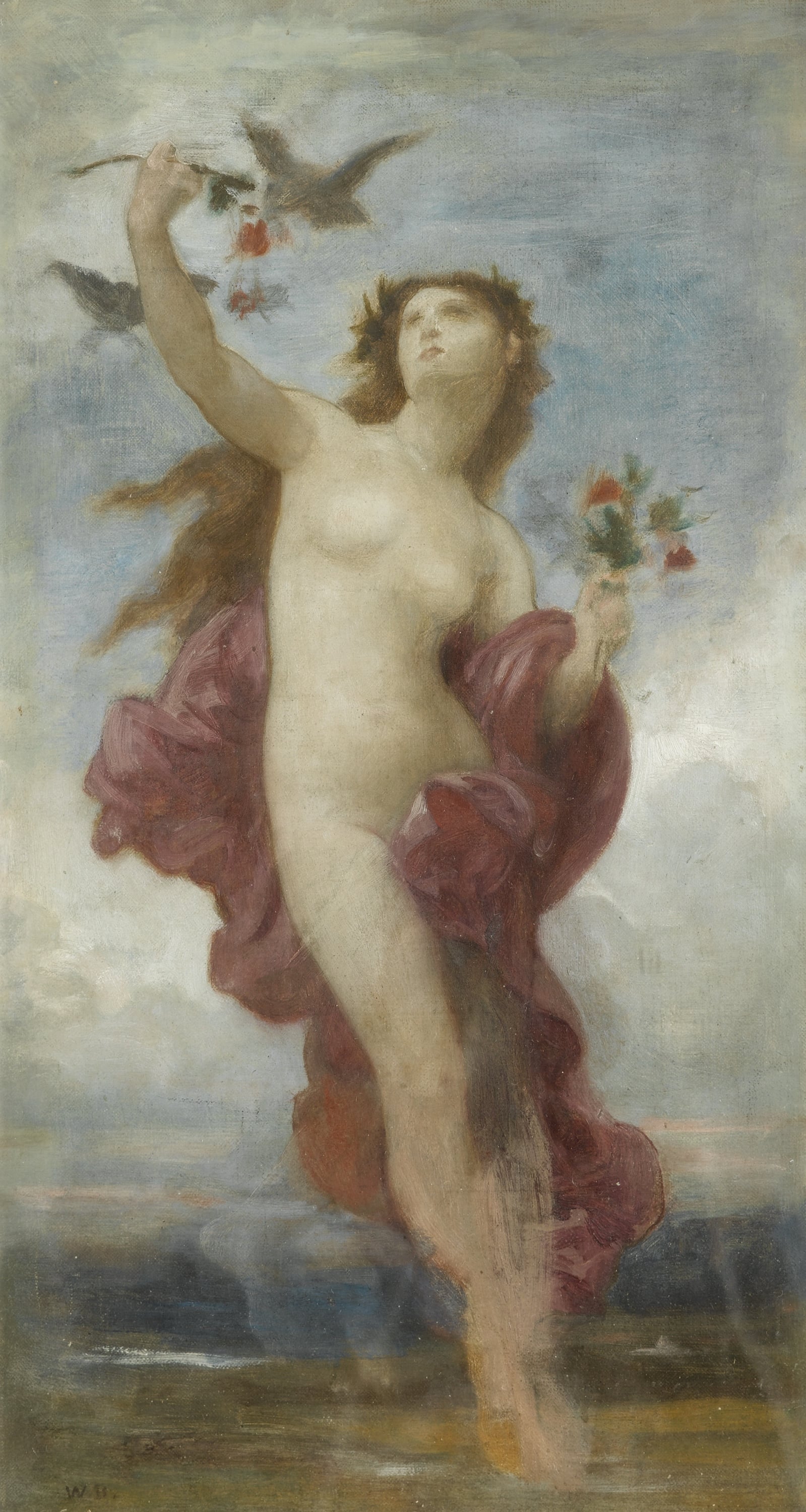 古典神话演绎主题 - 无明确名字 - 裸身女神持花伴飞鸟 