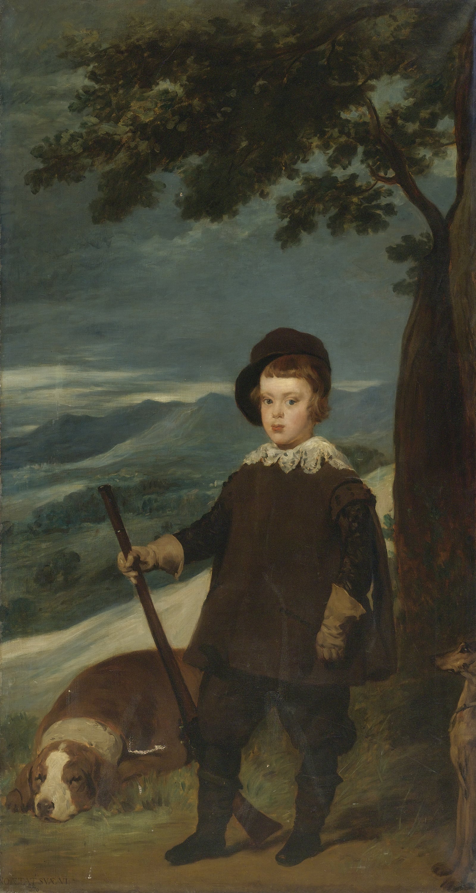 人物形象塑造主题 - 未知名男孩肖像 - 男孩持杖伴犬于树下 