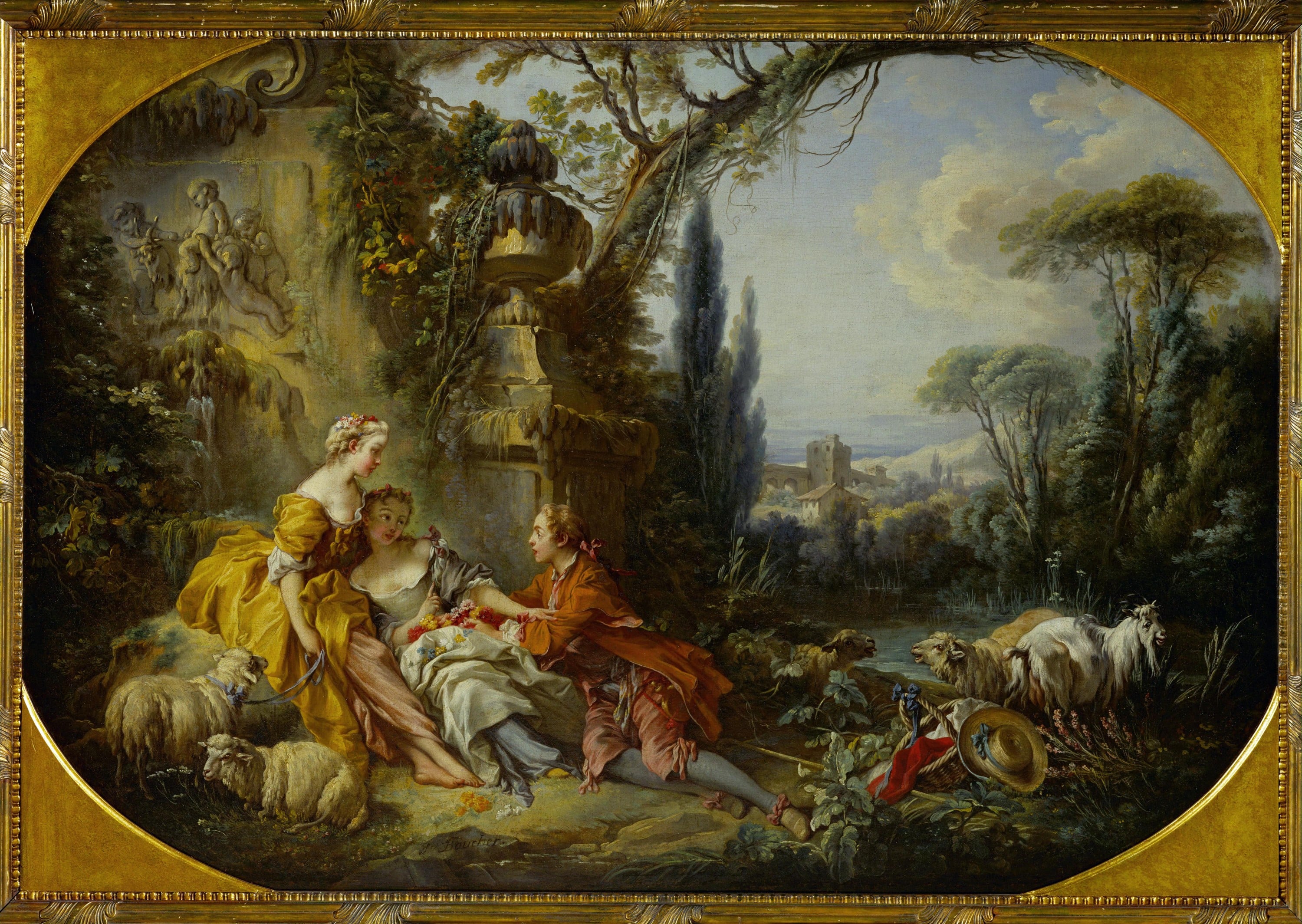 田园牧歌意境主题 - 未提及作品名字 - 描绘田园中人物与羊群 