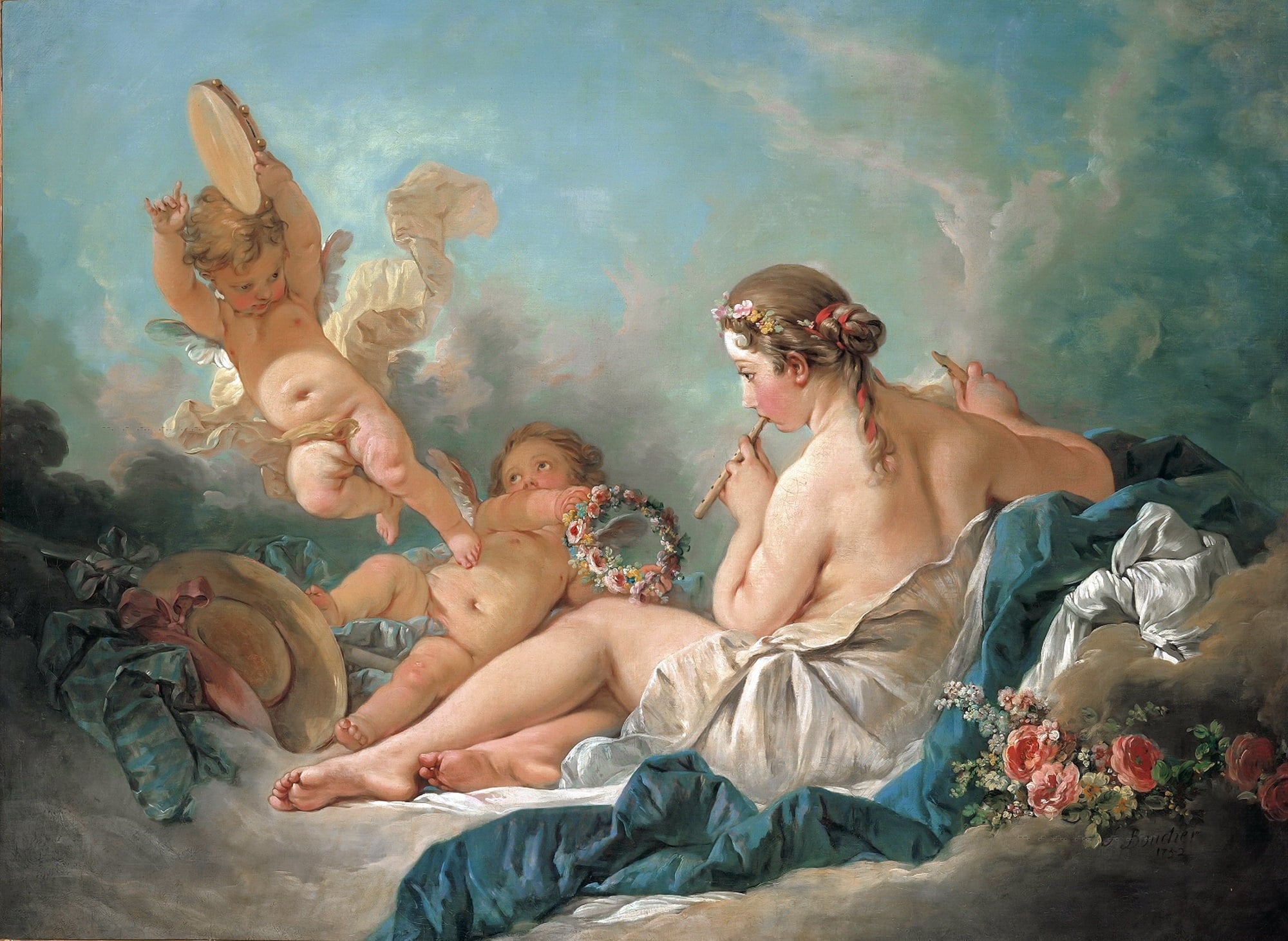 洛可可风格体现主题 - 吹笛的牧神与丘比特 - 洛可可风神话场景描绘 