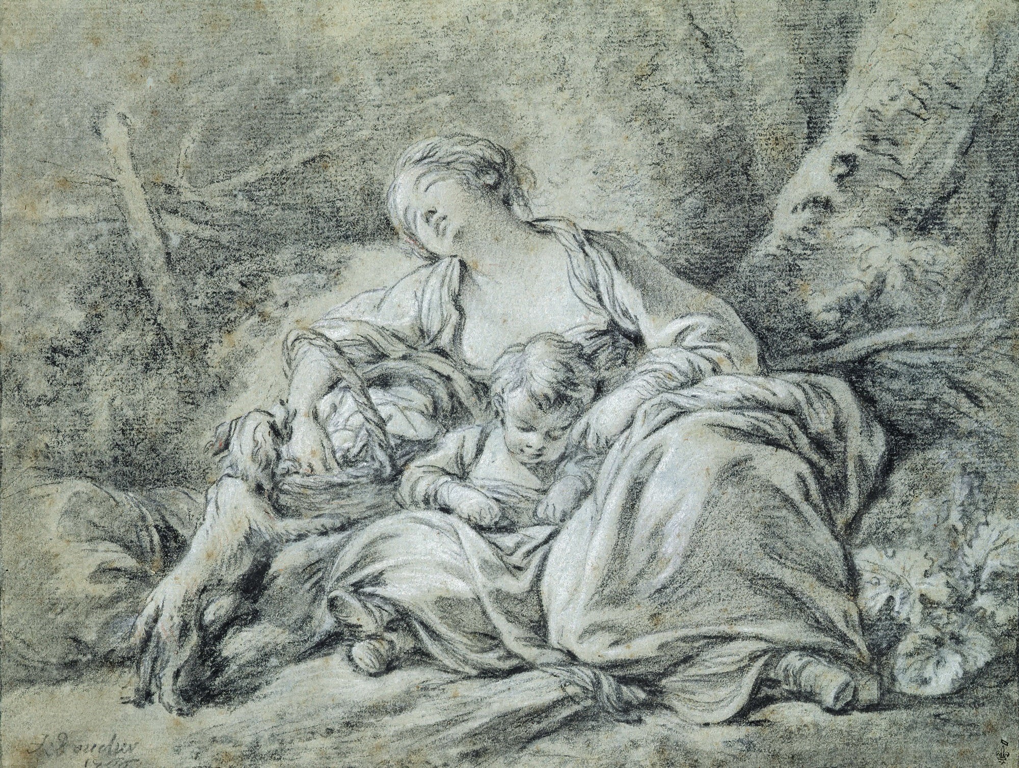 田园牧歌意境主题 - 佚名作品 - 描绘母子休憩田园场景 