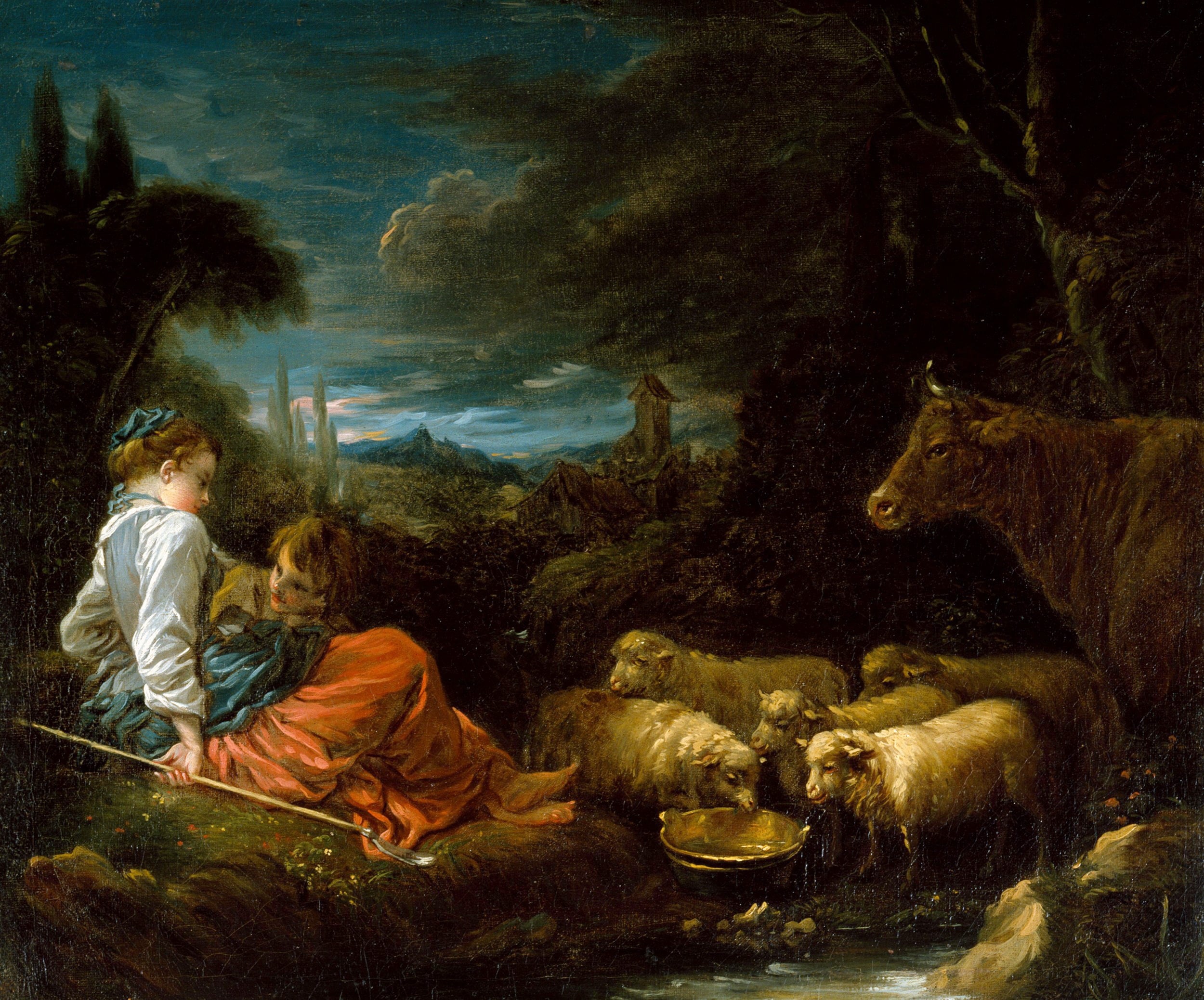 田园牧歌意境主题 - 牧羊场景 - 描绘牧羊女与牲畜景象 