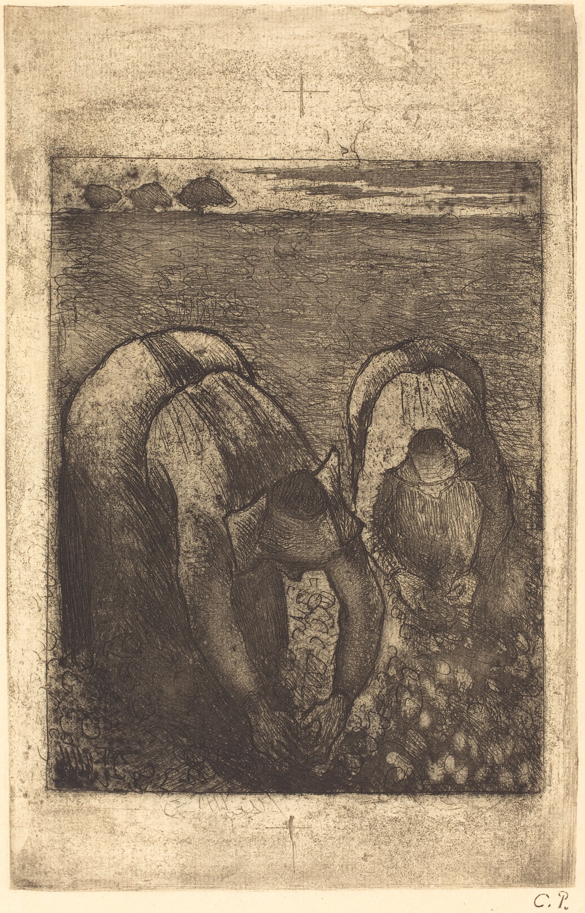 农民生活场景主题 - 未知 - 两农人田间俯身劳作 