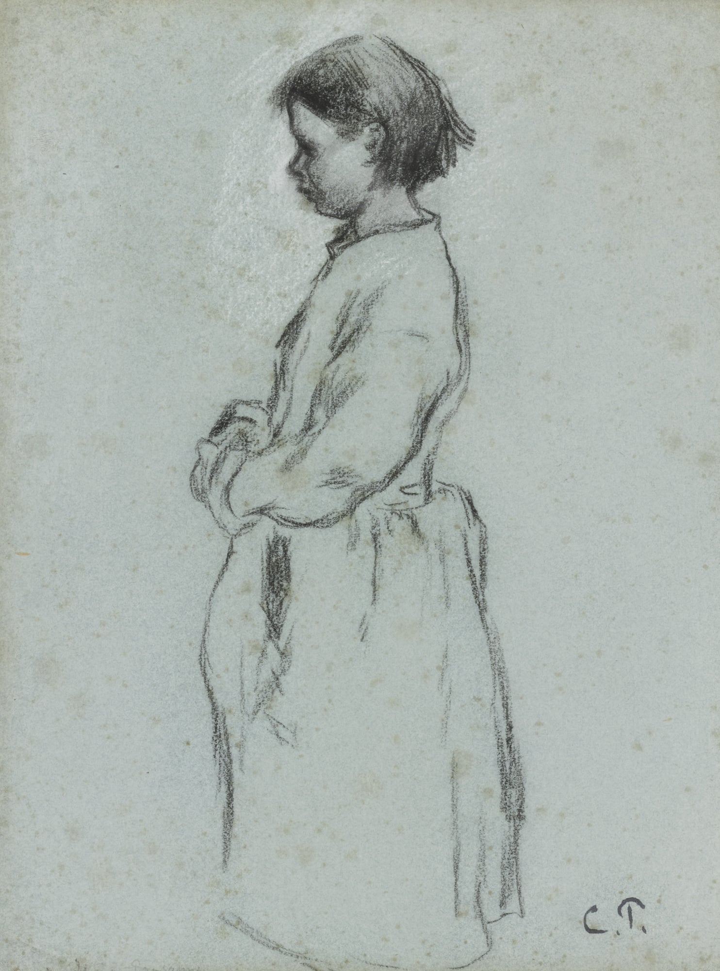其他 - 佚名人物素描 - 孩童侧身姿态素描像 