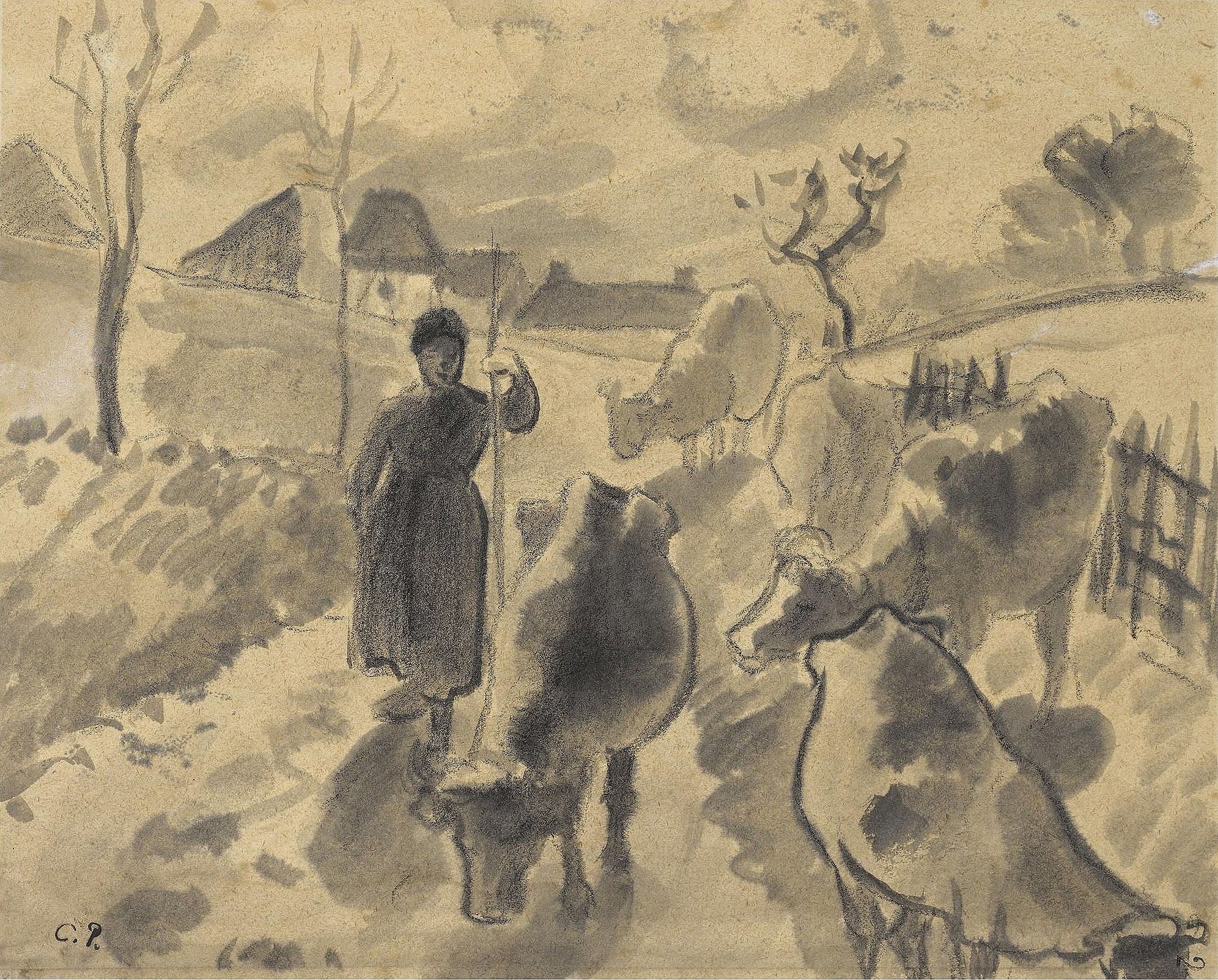 农民生活场景主题 - 放牛场景 - 描绘农人放牛乡村画面 