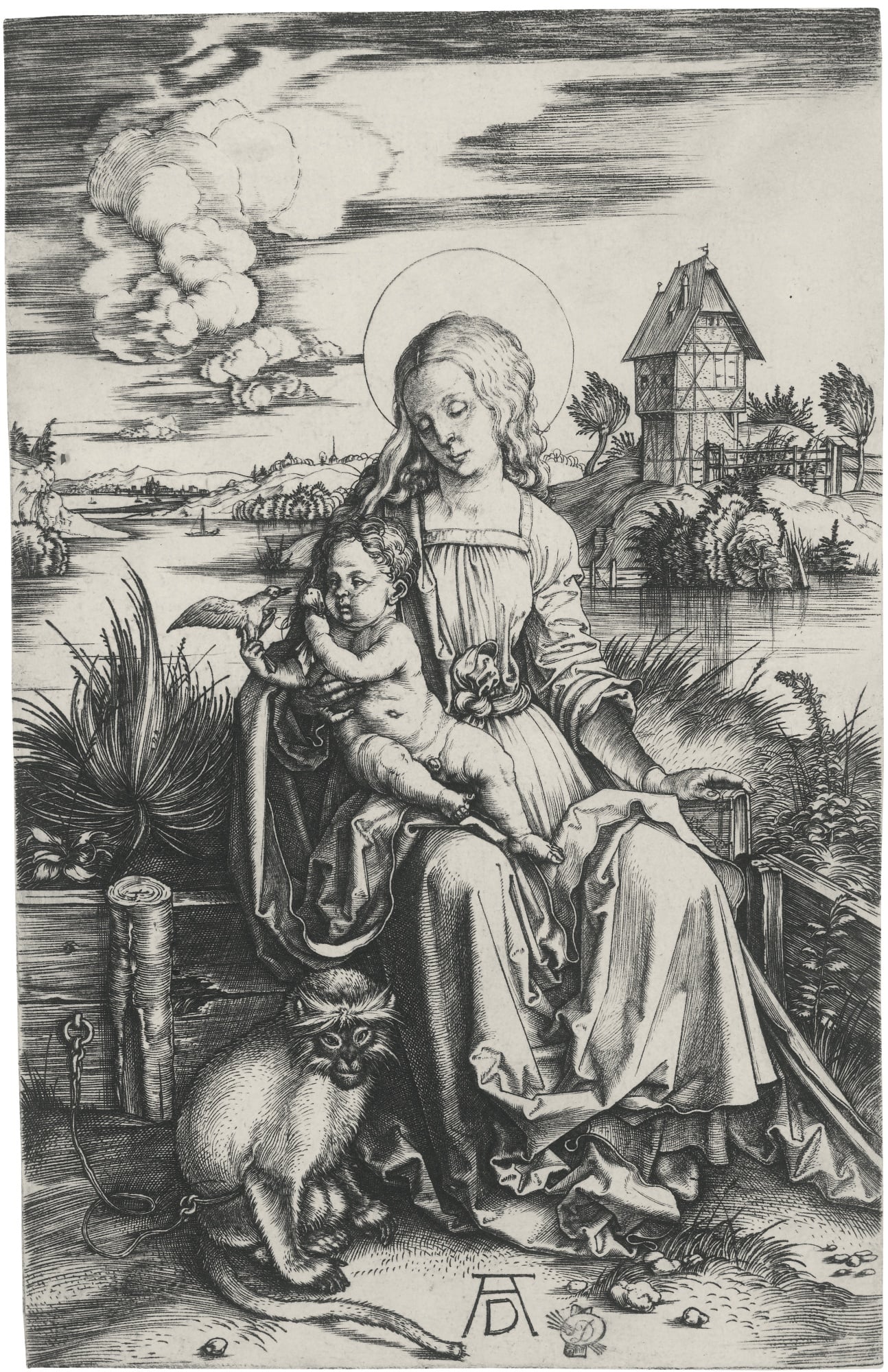 宗教故事诠释主题 - 圣母子与猴子 - 圣母怀抱着婴孩的场景 