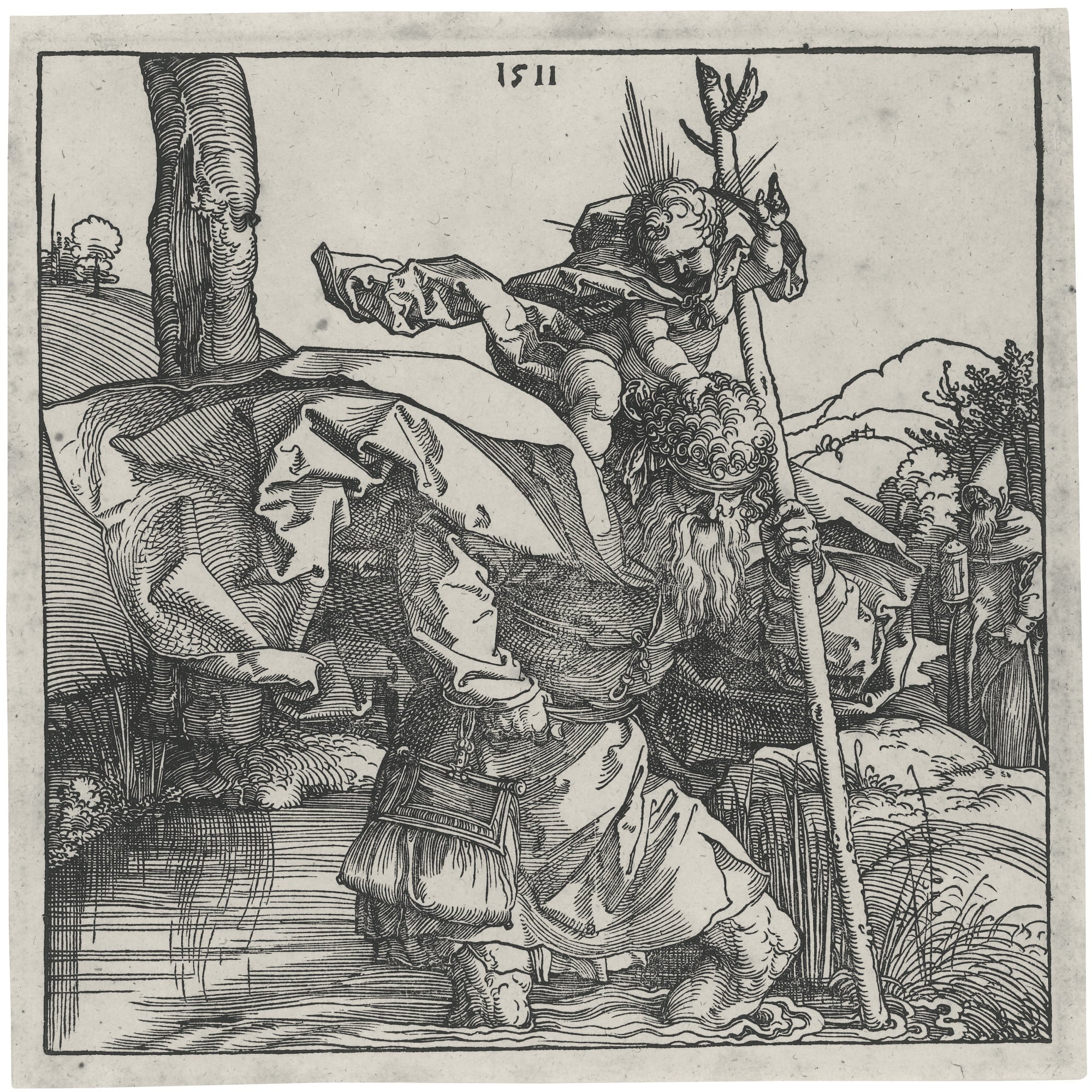 宗教故事诠释主题 - 圣克里斯托弗背基督 - 圣徒背负孩童基督过河 