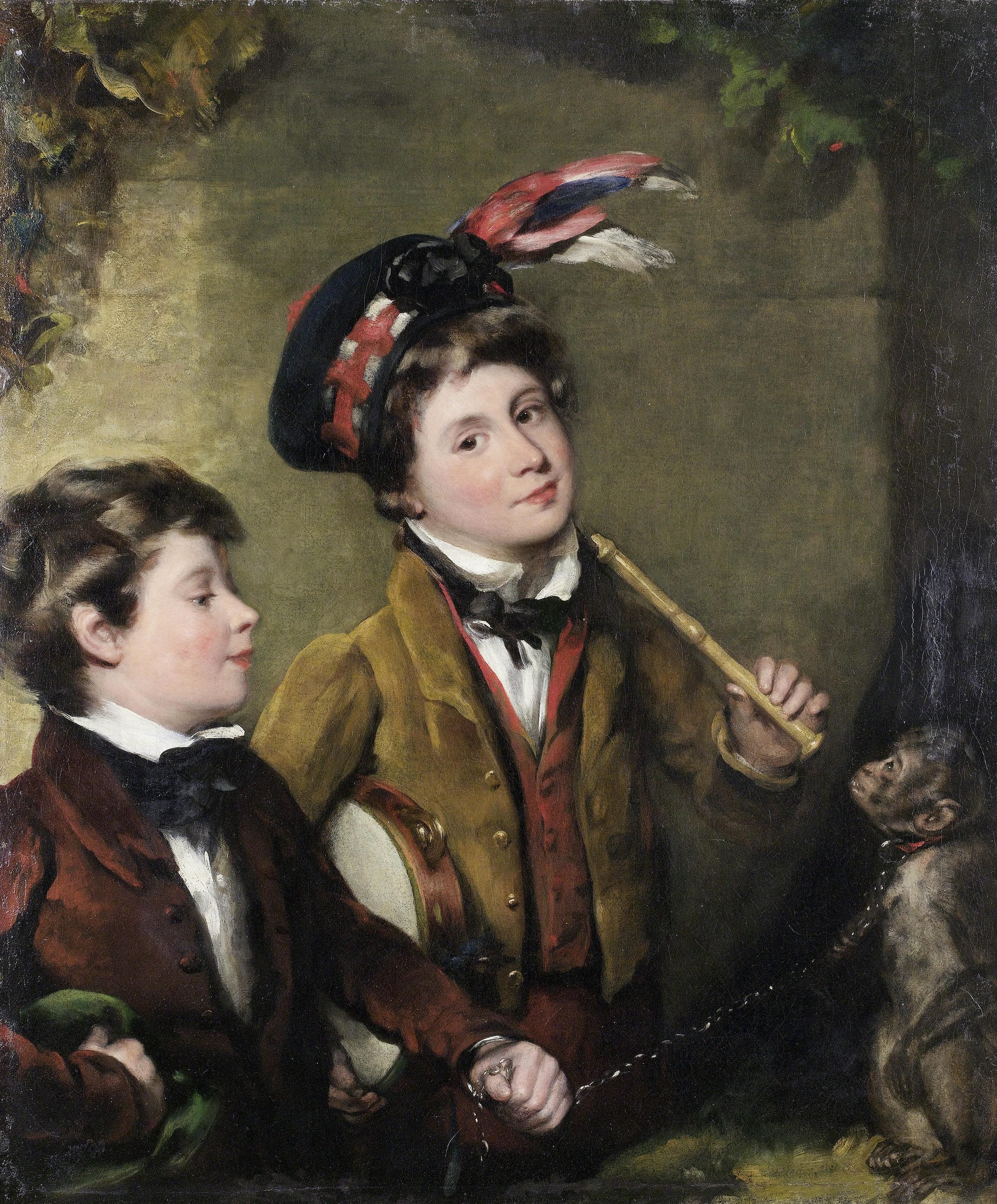 儿童纯真表现主题 - 两孩童与猴的画面 - 展现孩童纯真欢乐瞬间 