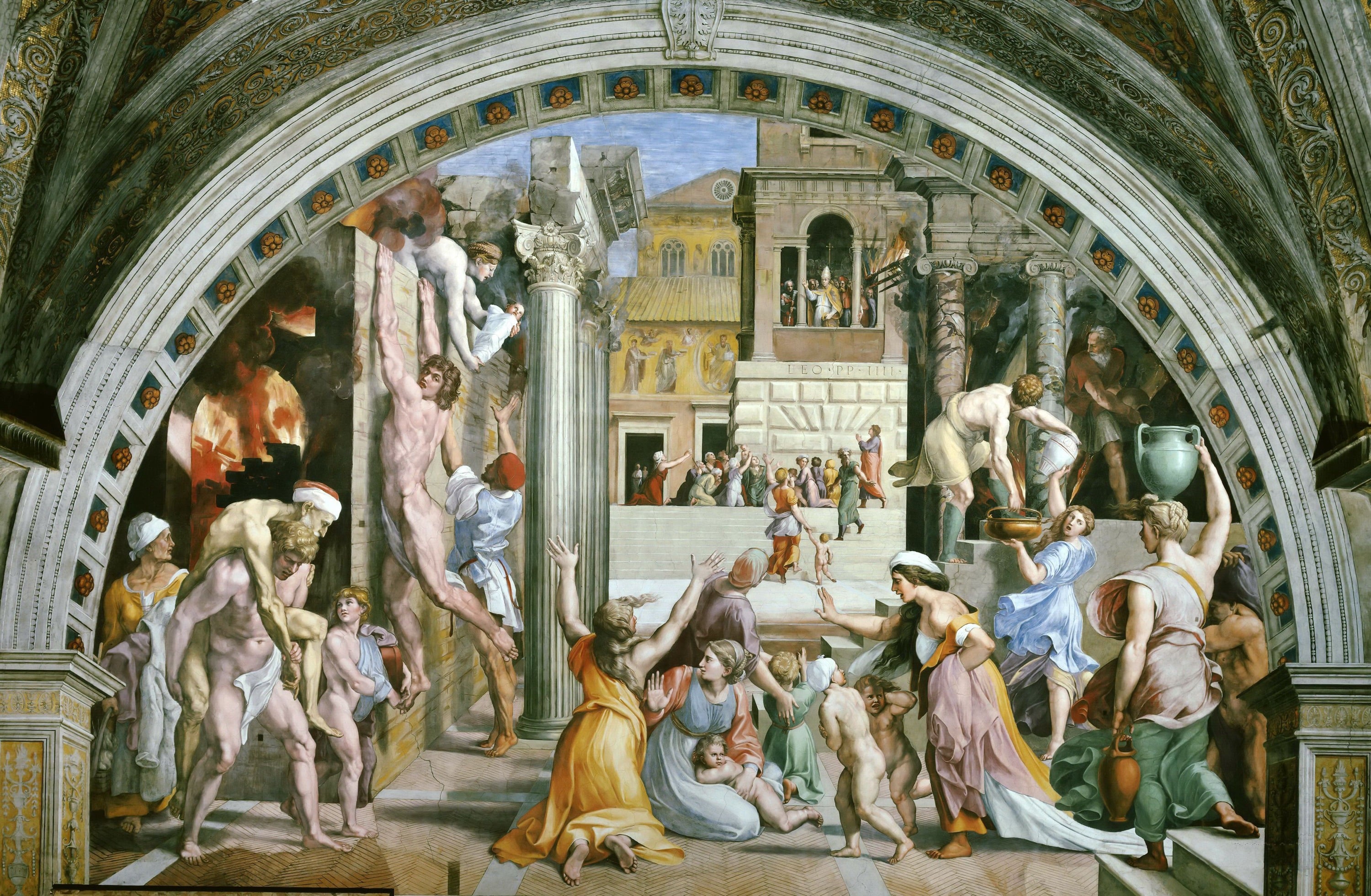 历史故事讲述主题 - 波尔哥火灾壁画 - 描绘火灾场景与救援 