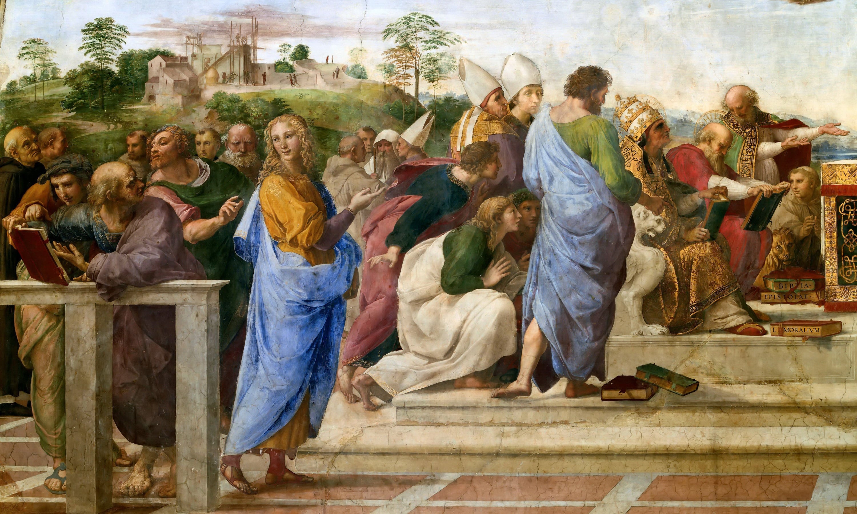 历史故事讲述主题 - 拉斐尔《辩论会》 - 描绘宗教人物辩论场景 