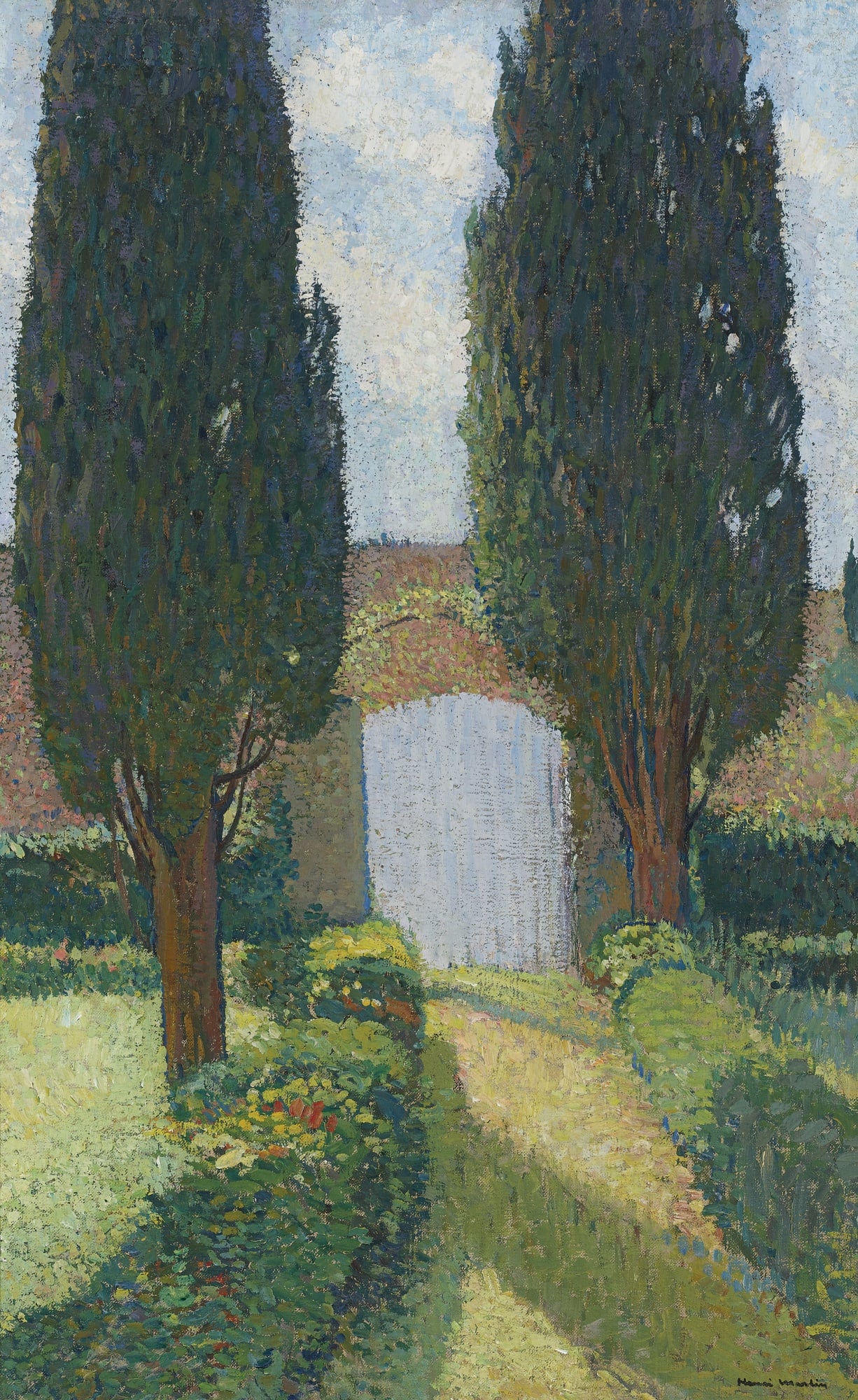 风景诗意主题 - 未知名花园画作 - 花园小径与高耸柏树 