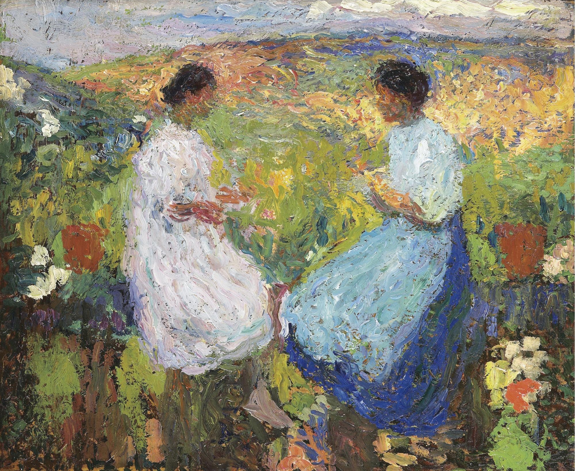 风景诗意主题 - 未知名油画 - 两女子于多彩田野互动 