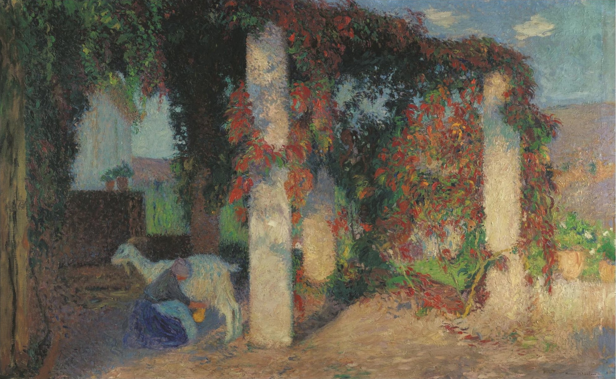 风景诗意主题 - 未知名画作 - 描绘庭院中挤奶的场景 