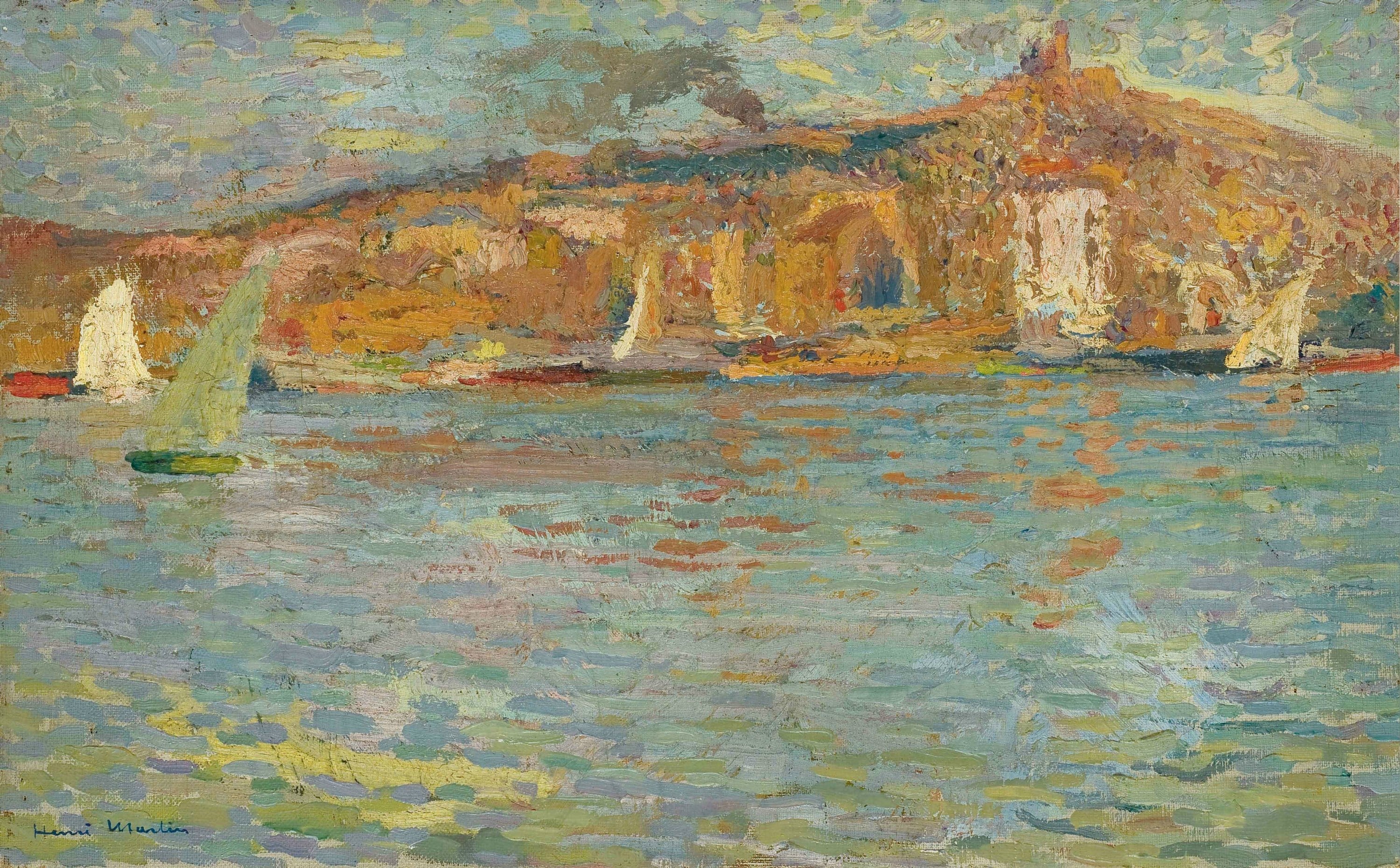 风景诗意主题 - 未提及具体名字 - 描绘海面与远处山丘 