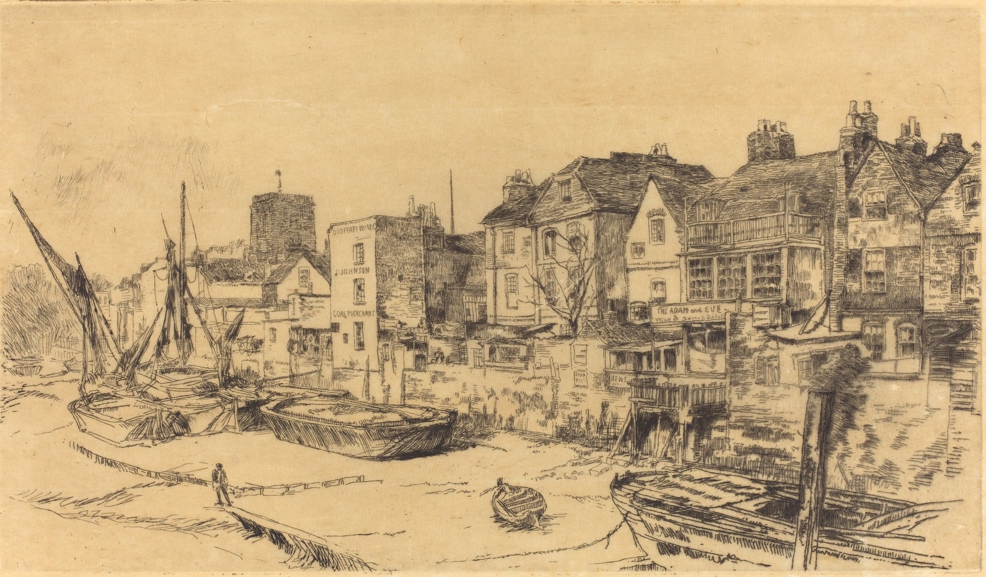 其他 - 佚名河岸船只素描 - 描绘河岸船只建筑景象 