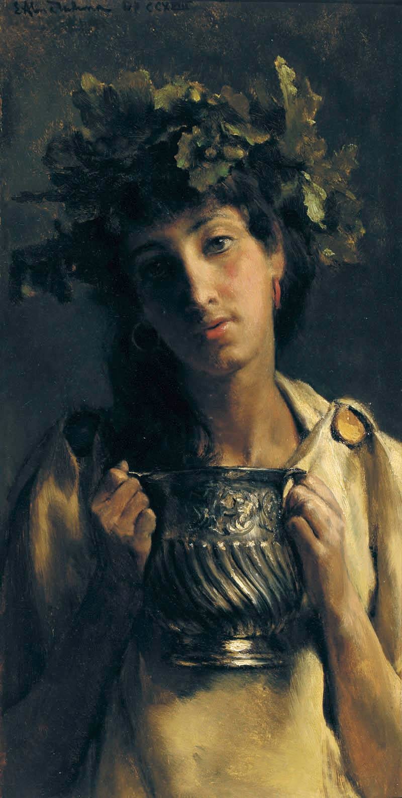 人物优雅姿态主题 - 持银壶戴叶环女子 - 女子优雅持银壶戴叶环 