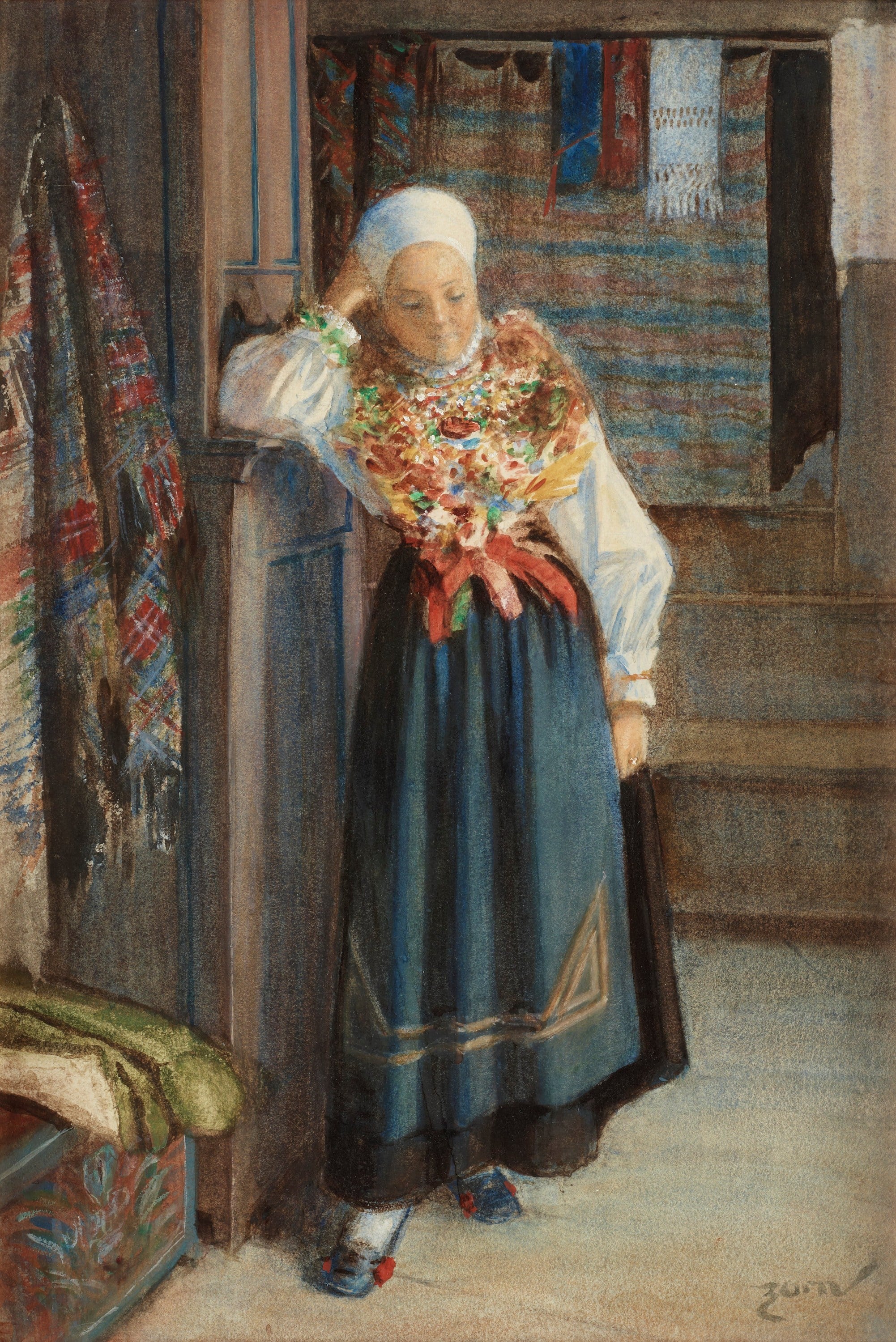 民俗生活场景主题 - 未知名民俗人物画 - 女子着民俗服饰倚靠墙 