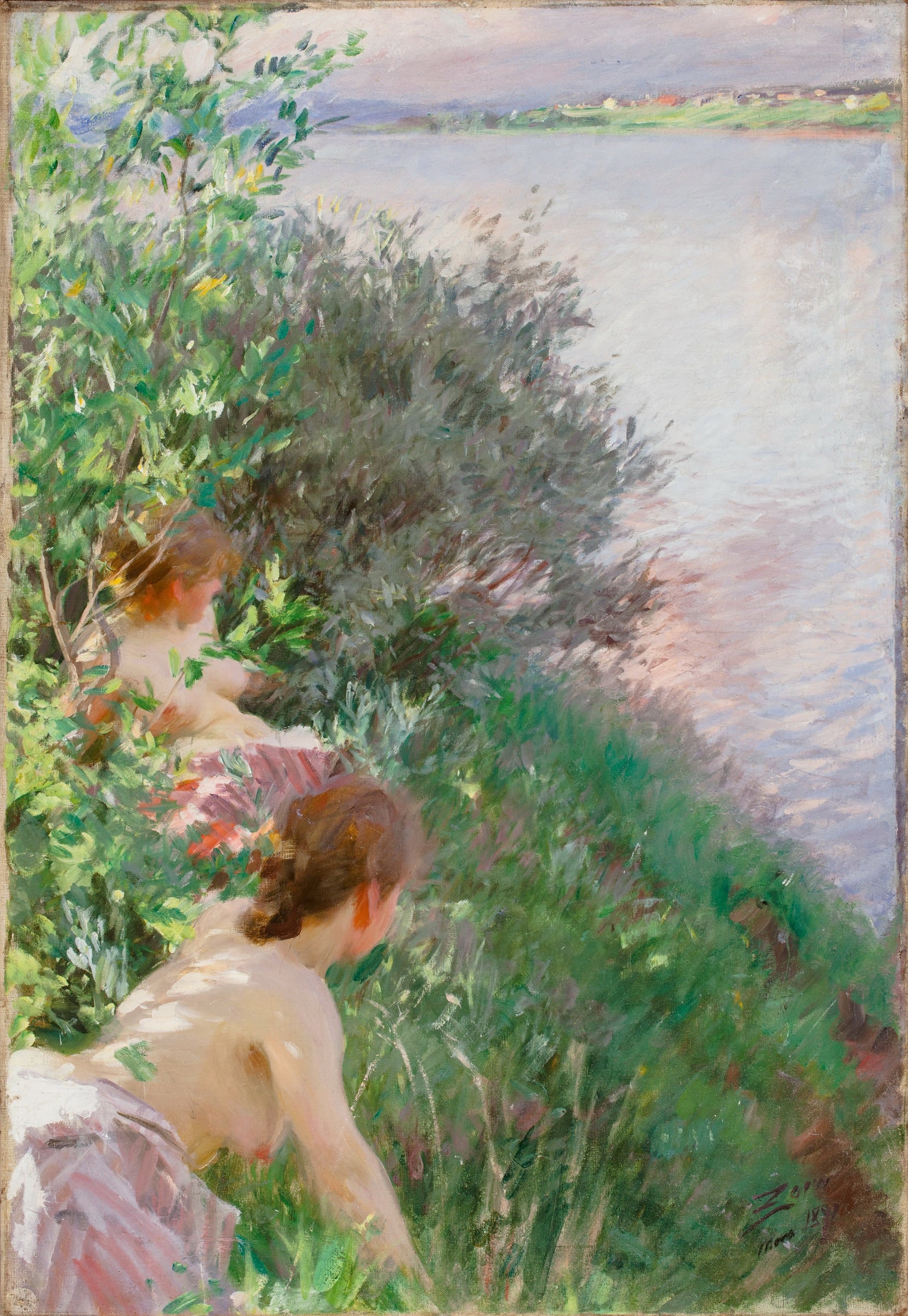 裸体艺术表现主题 - 无特定名字 - 描绘裸女于河畔绿植间 