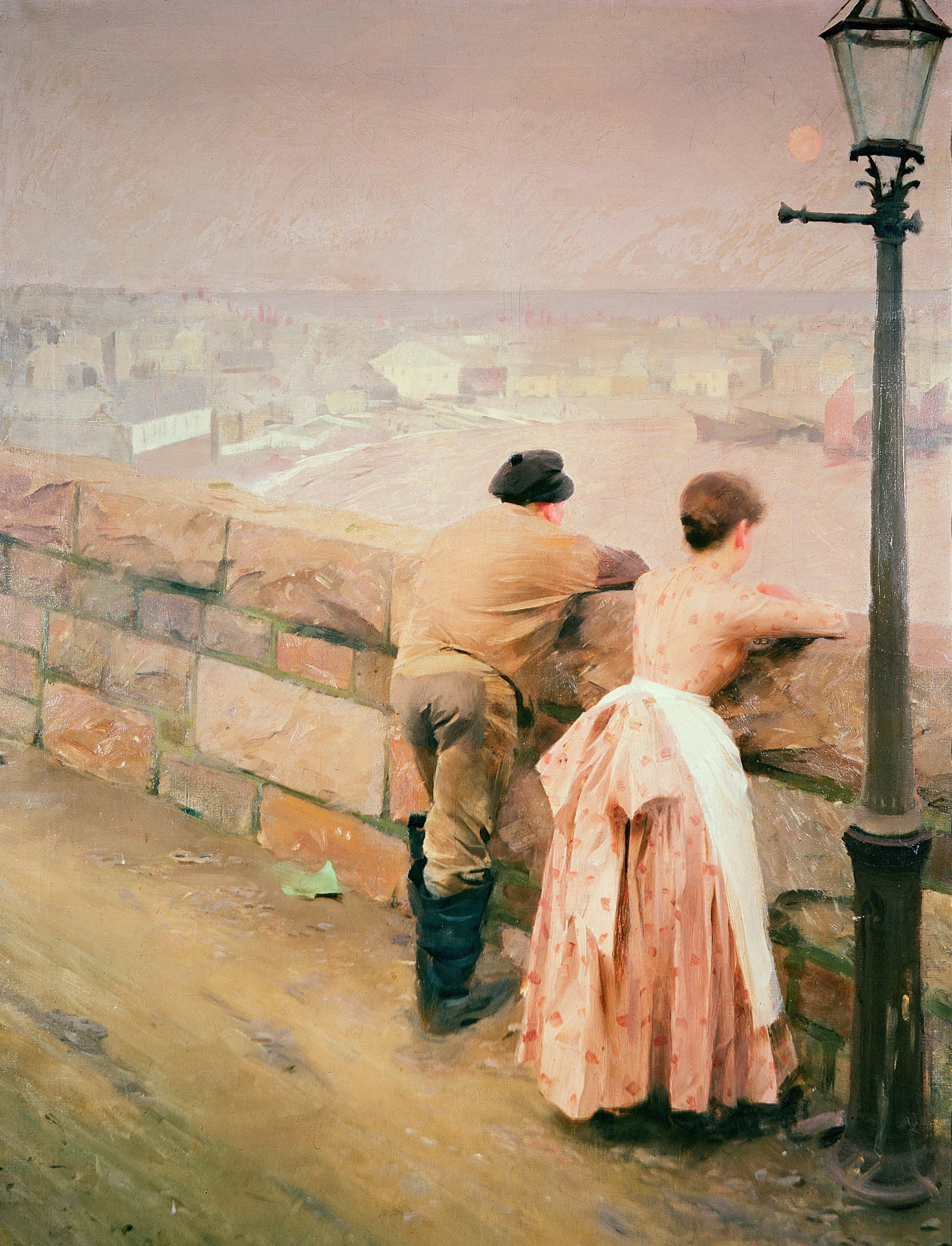 民俗生活场景主题 - 未知名画作 - 男女凭栏眺望城镇风景 