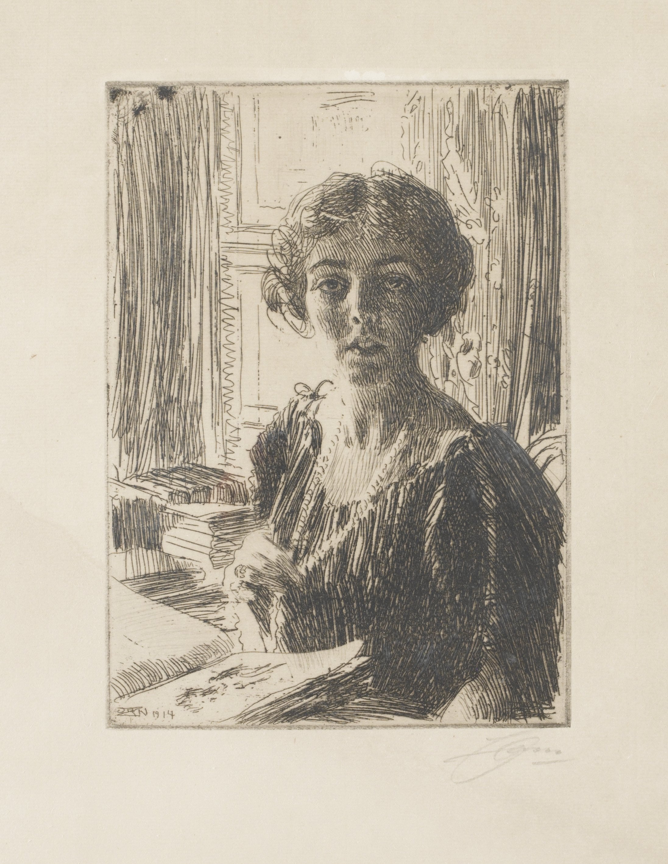 人物肖像刻画主题 - 未知名女性肖像 - 女性端坐于桌前的刻画 