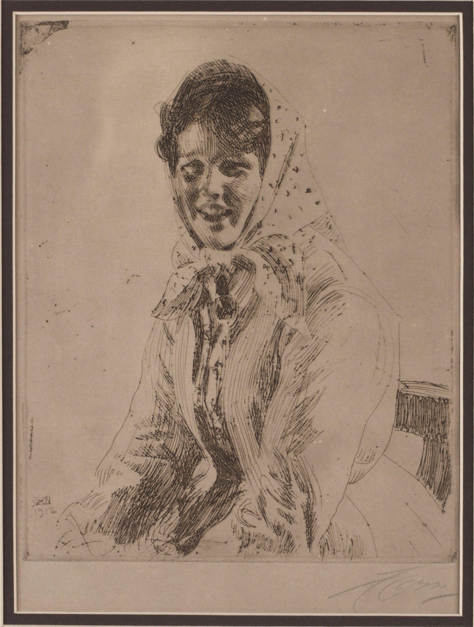 人物肖像刻画主题 - 未命名人物肖像 - 女子戴头巾的素描画像 