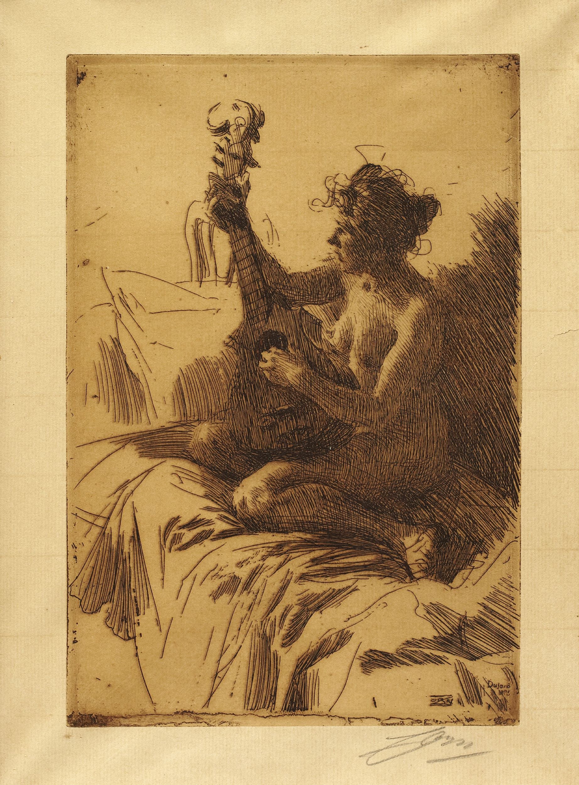 裸体艺术表现主题 - 弹奏乐器的裸女 - 裸女专注弹奏弦乐器 