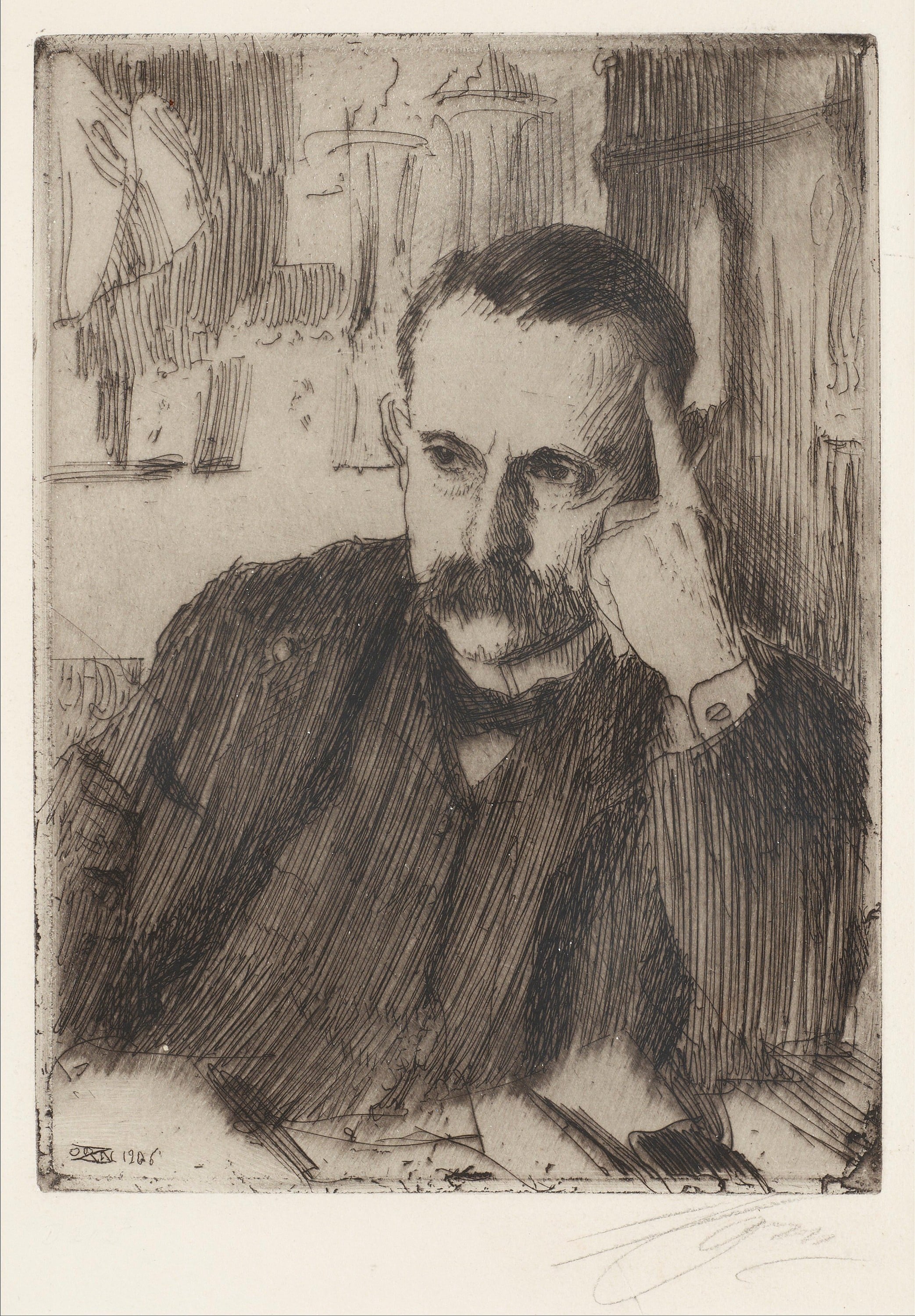 人物肖像刻画主题 - 未知名人物肖像 - 男子手托腮专注神态 