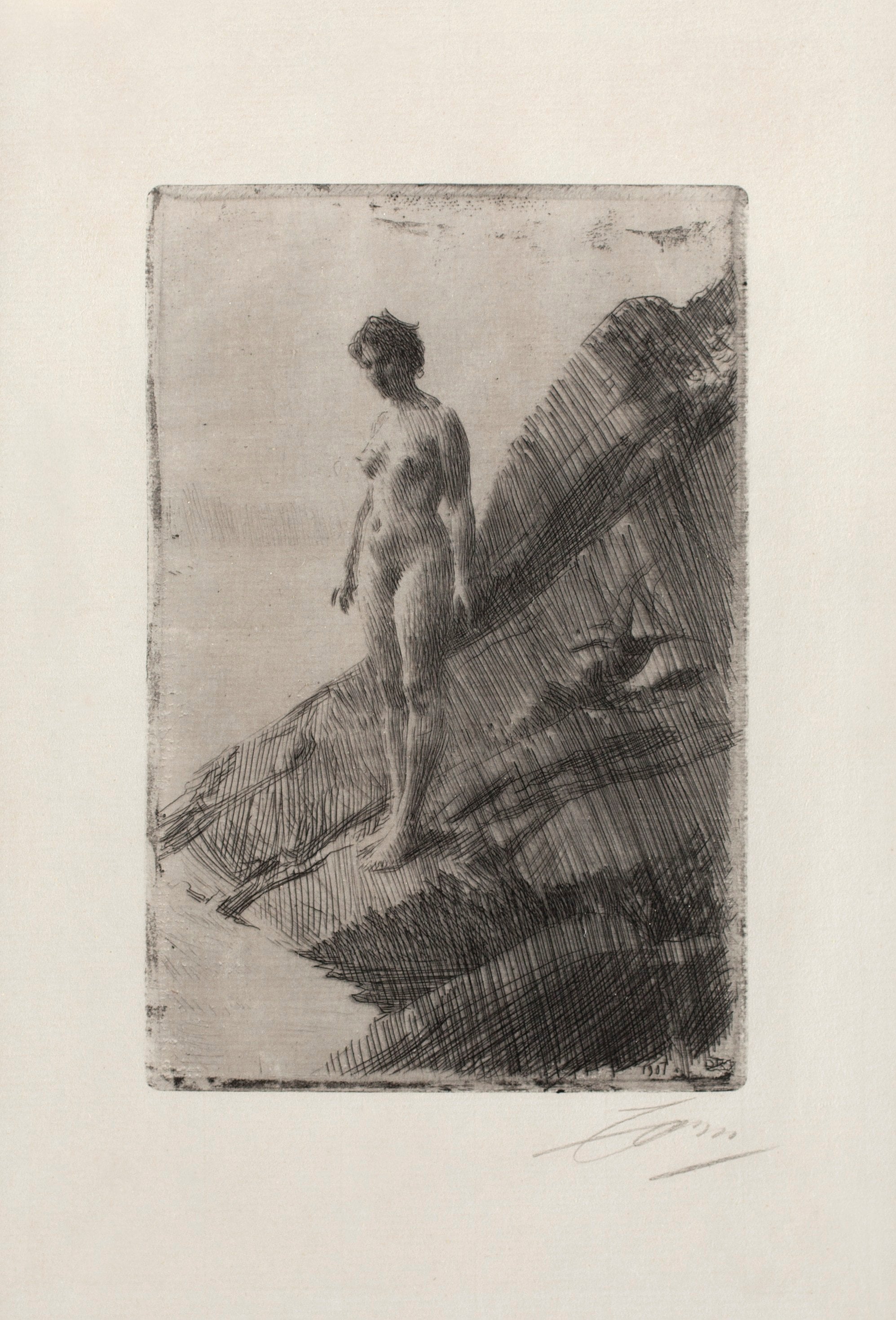 裸体艺术表现主题 - 无具体名称 - 裸身人物立于岩石之景 