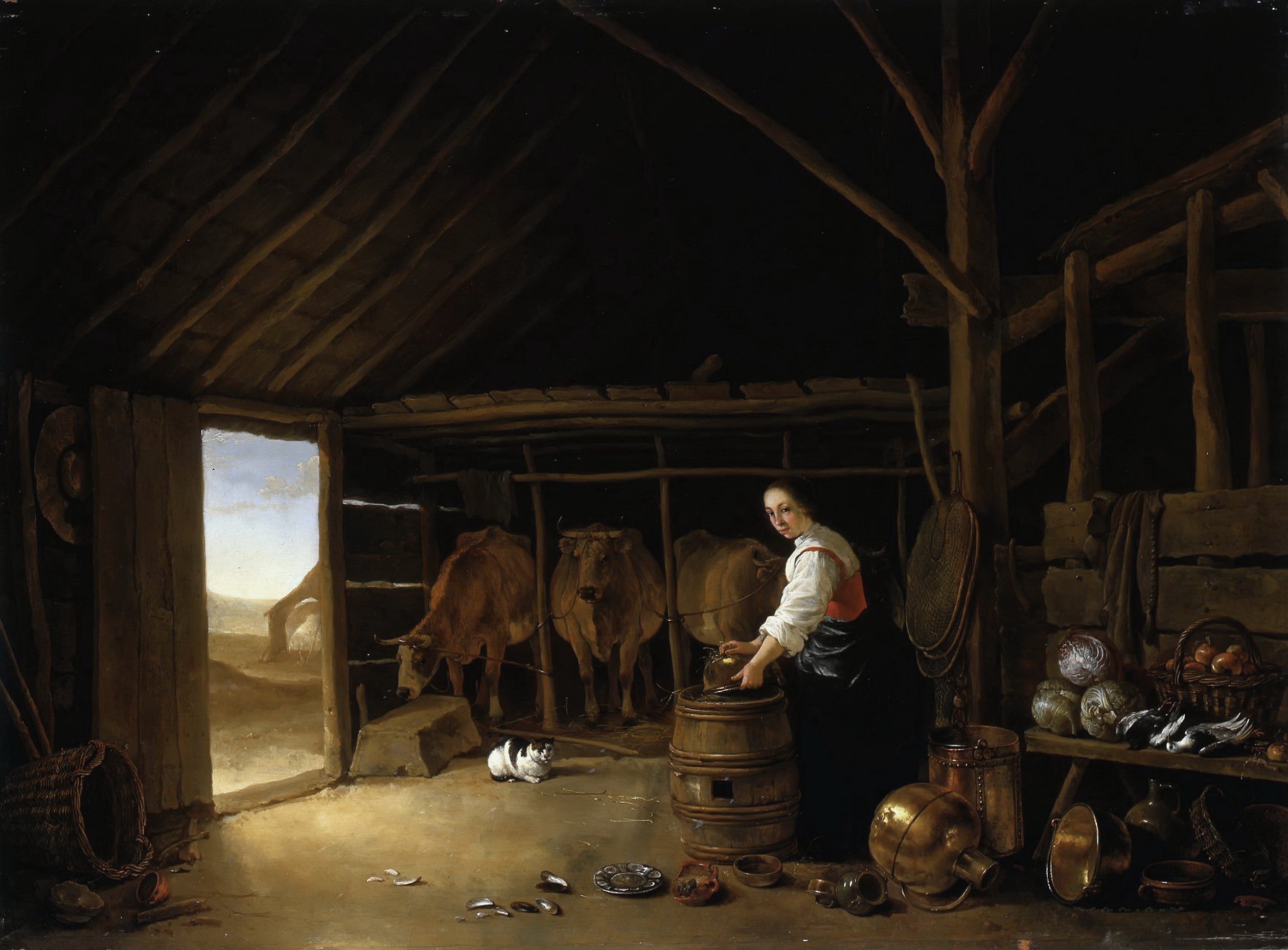 人物主题 - 农家女与牛的场景 - 农舍中女子与牲畜共处 