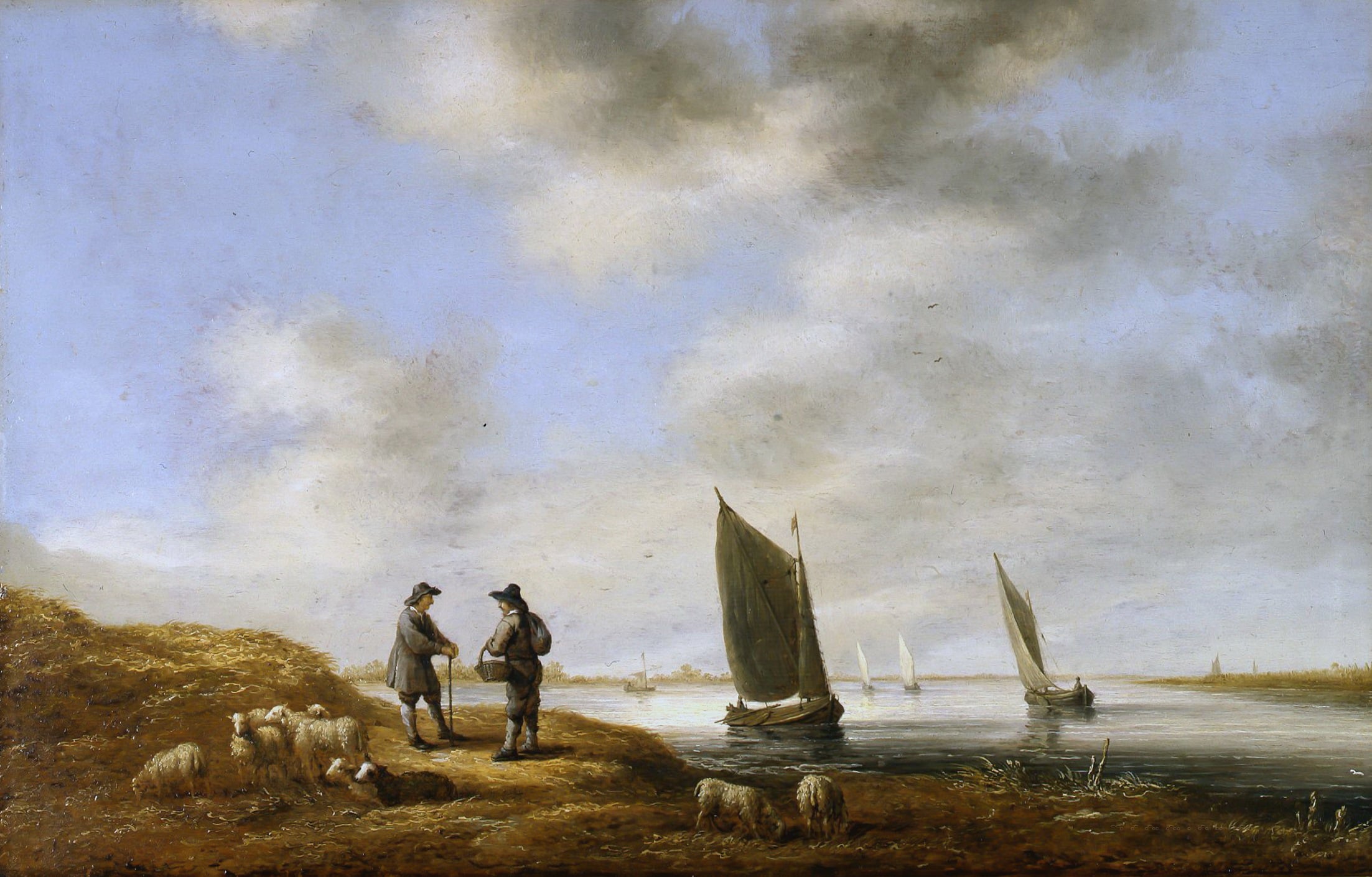 海洋主题 - 河边交谈与航行景象 - 河畔人物与帆船的景致 